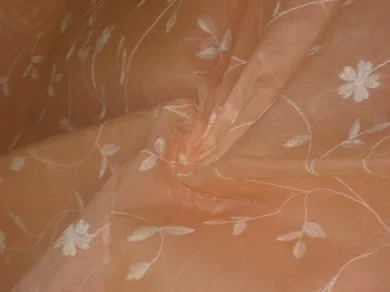 100 % Cotton organdy fabric embroidered Peach colour w/white machine embroidered 44" wide[974]
