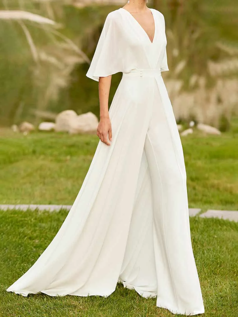 A Line Flutter Sleeve Wedding Dress Country V Neck 2025