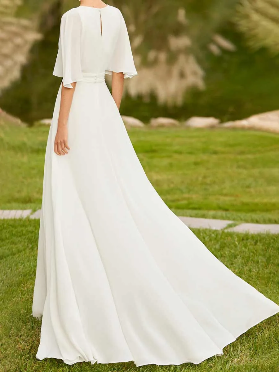 A Line Flutter Sleeve Wedding Dress Country V Neck 2025