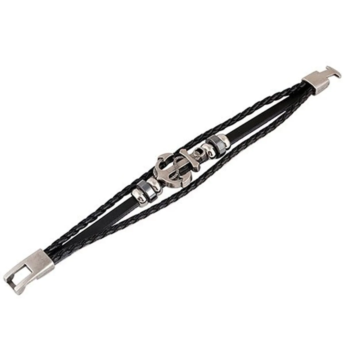 Anchor Braided Genuine Black Leather Wrist Band Strand Bracelet