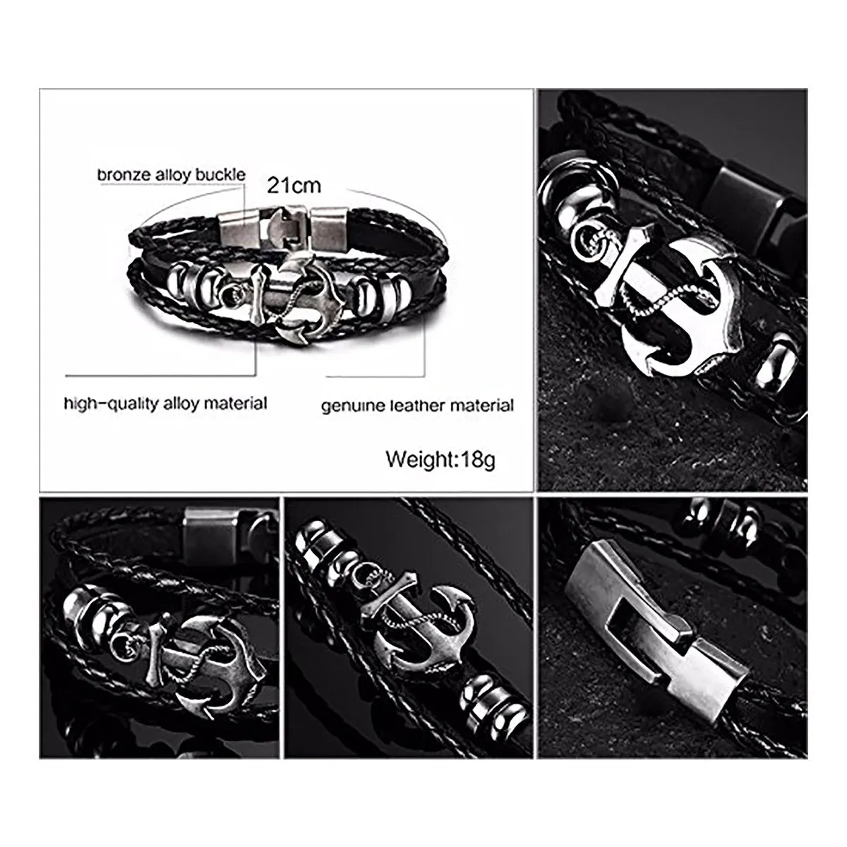 Anchor Braided Genuine Black Leather Wrist Band Strand Bracelet