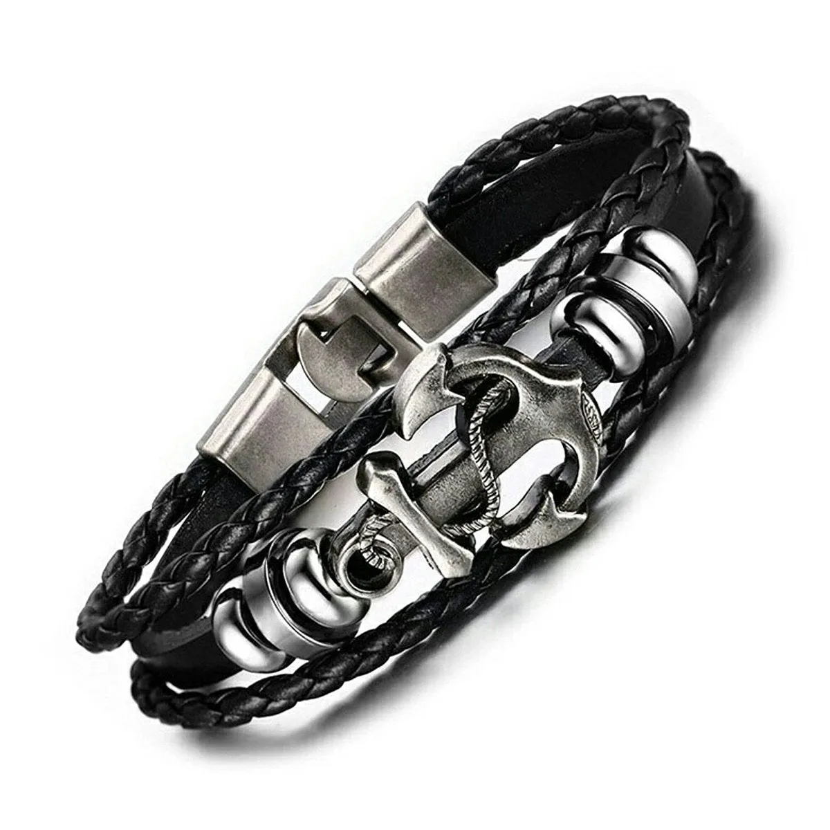 Anchor Braided Genuine Black Leather Wrist Band Strand Bracelet
