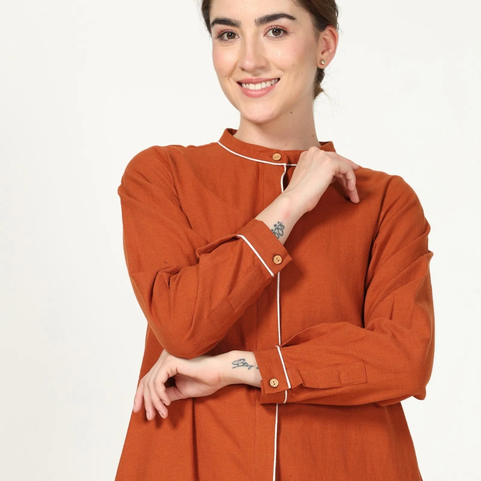 Autumn Rust Overlay With Offwhite Straight Fit Dress | Minimalist Style