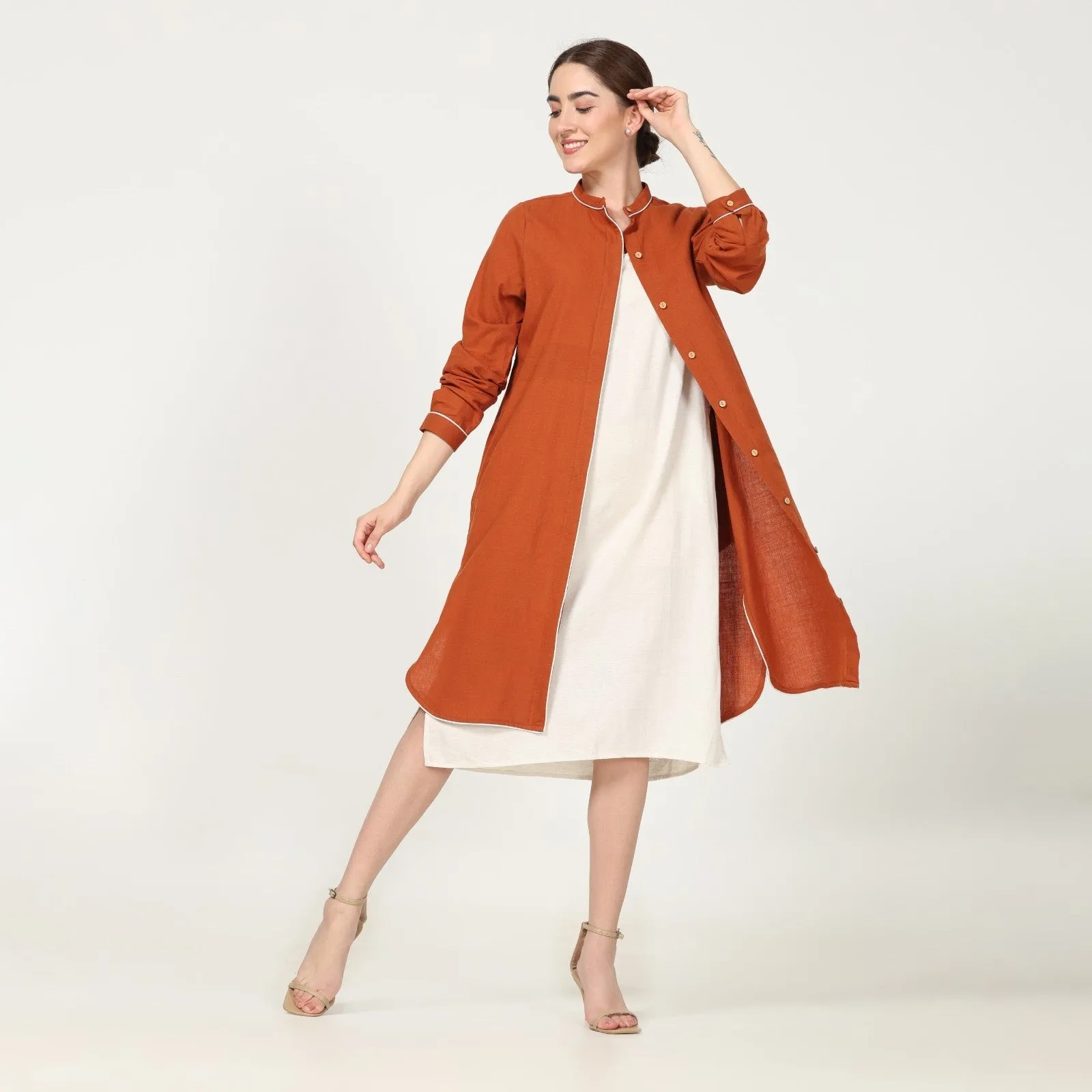 Autumn Rust Overlay With Offwhite Straight Fit Dress | Minimalist Style