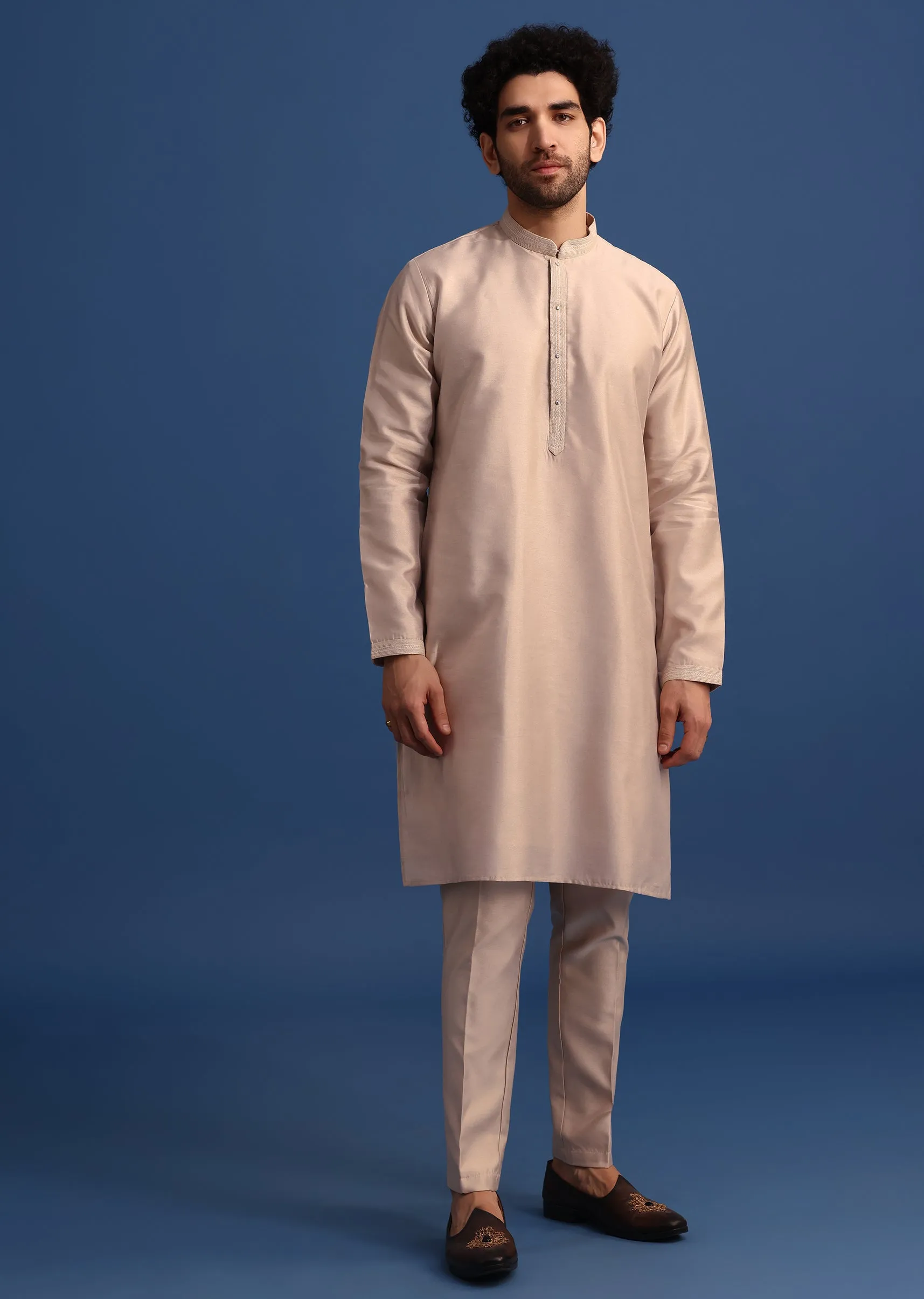 Beige Kurta Jacket Set With Thread Work For Men