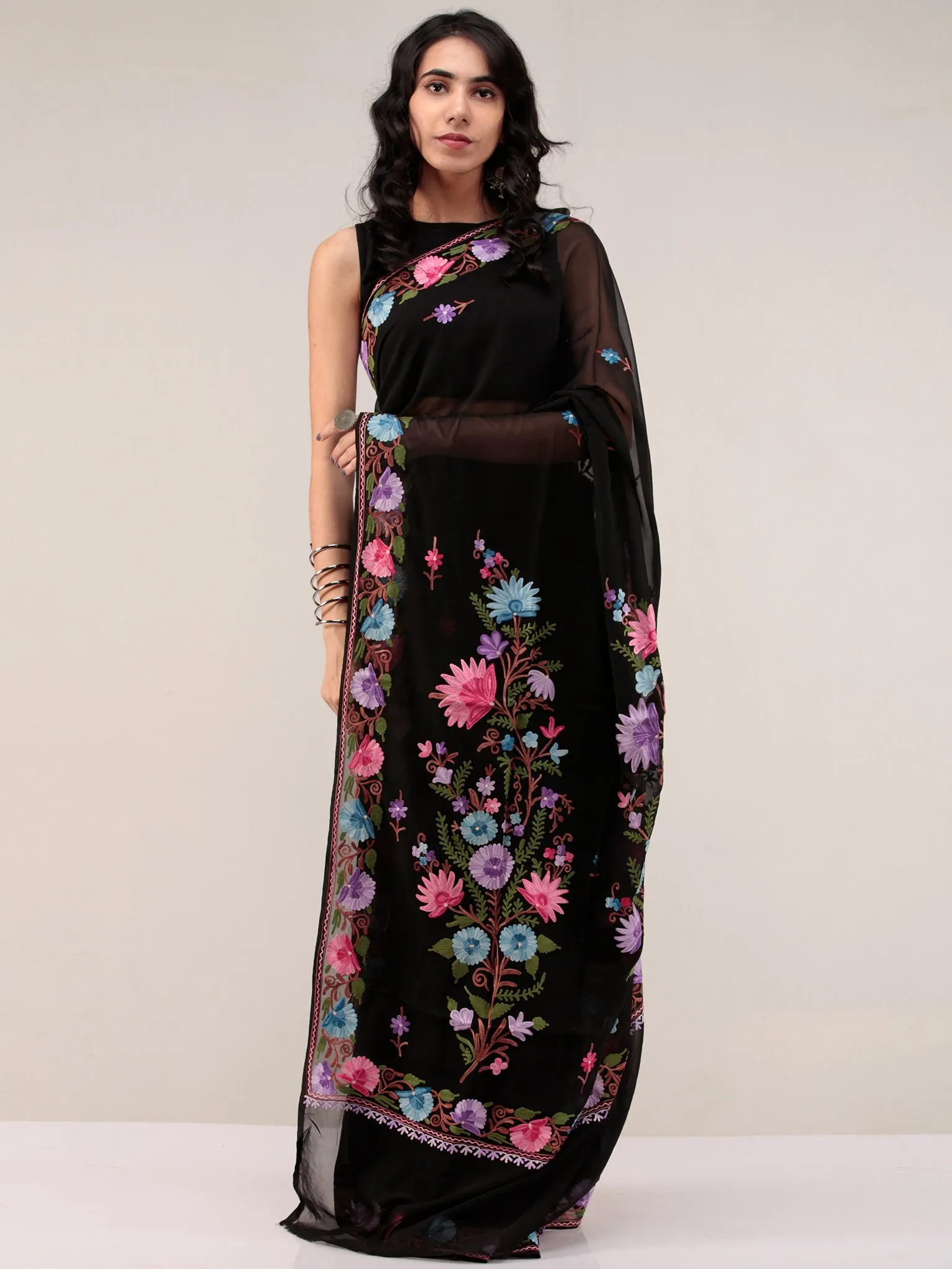 Black Aari Embroidered Georgette Saree From Kashmir - S031704666
