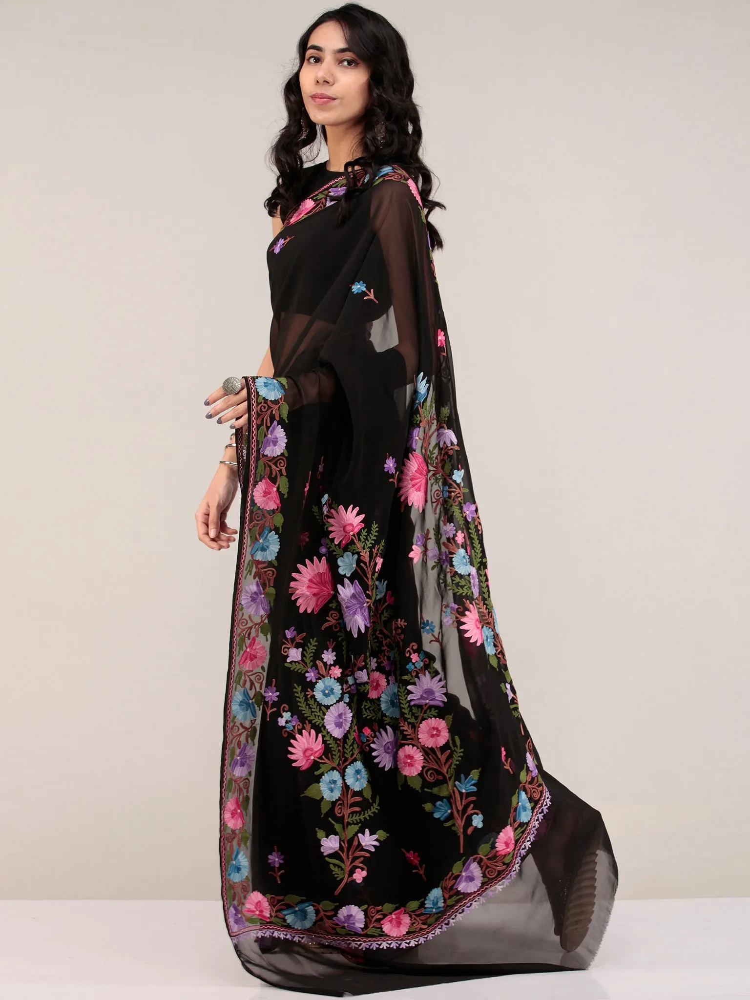 Black Aari Embroidered Georgette Saree From Kashmir - S031704666