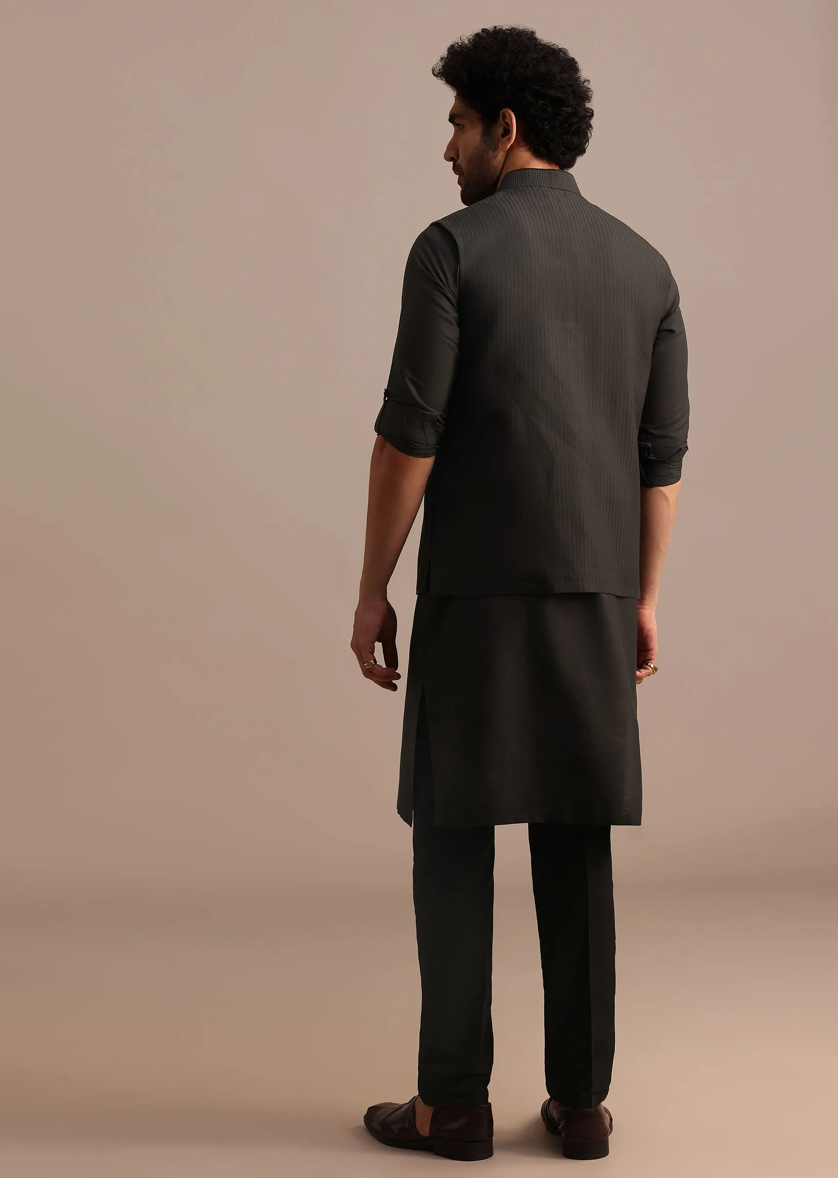 Black Silk Kurta Jacket Set With Pintuck Pattern For Men
