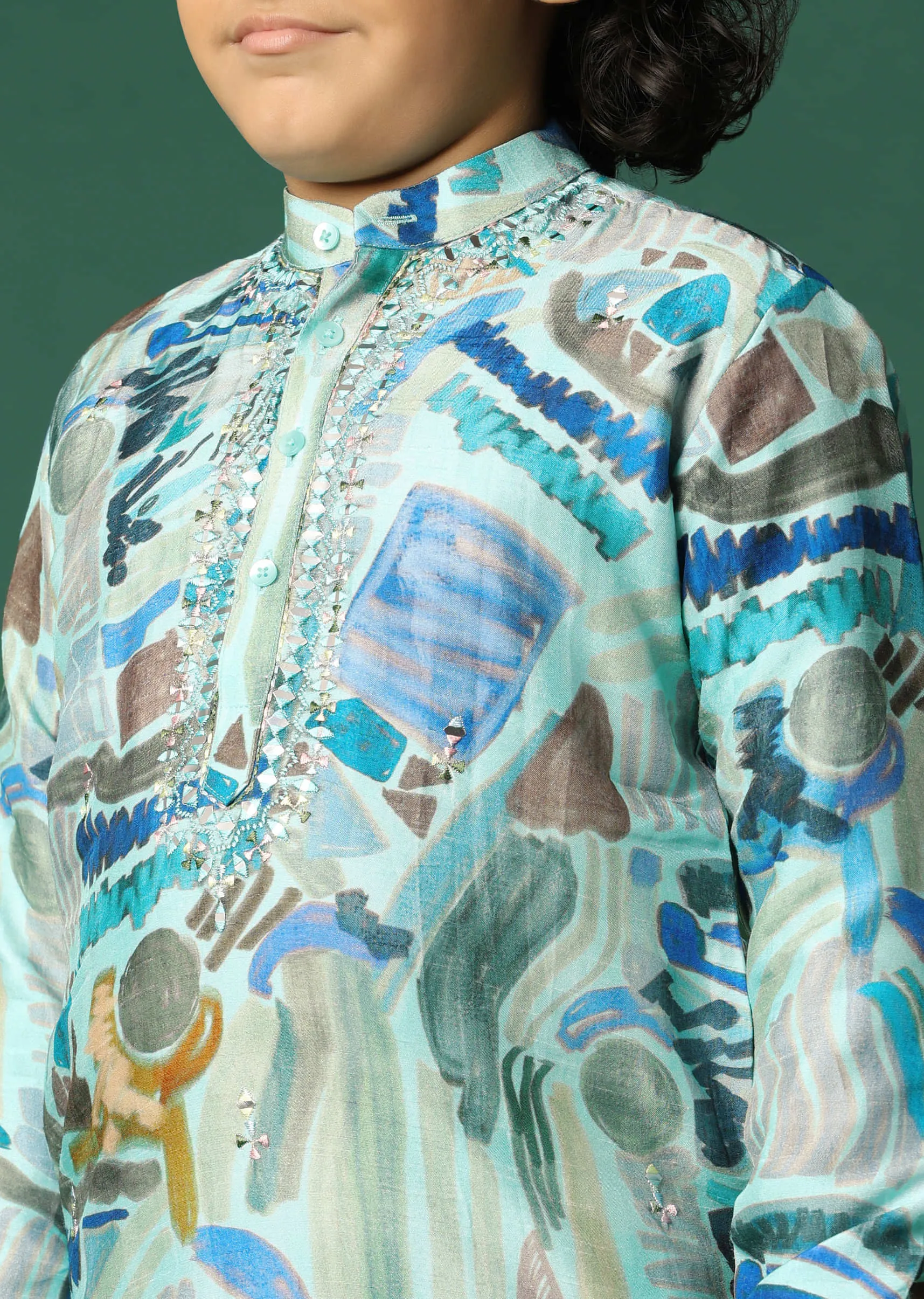 Blue Printed Silk Kurta Pant For Boys