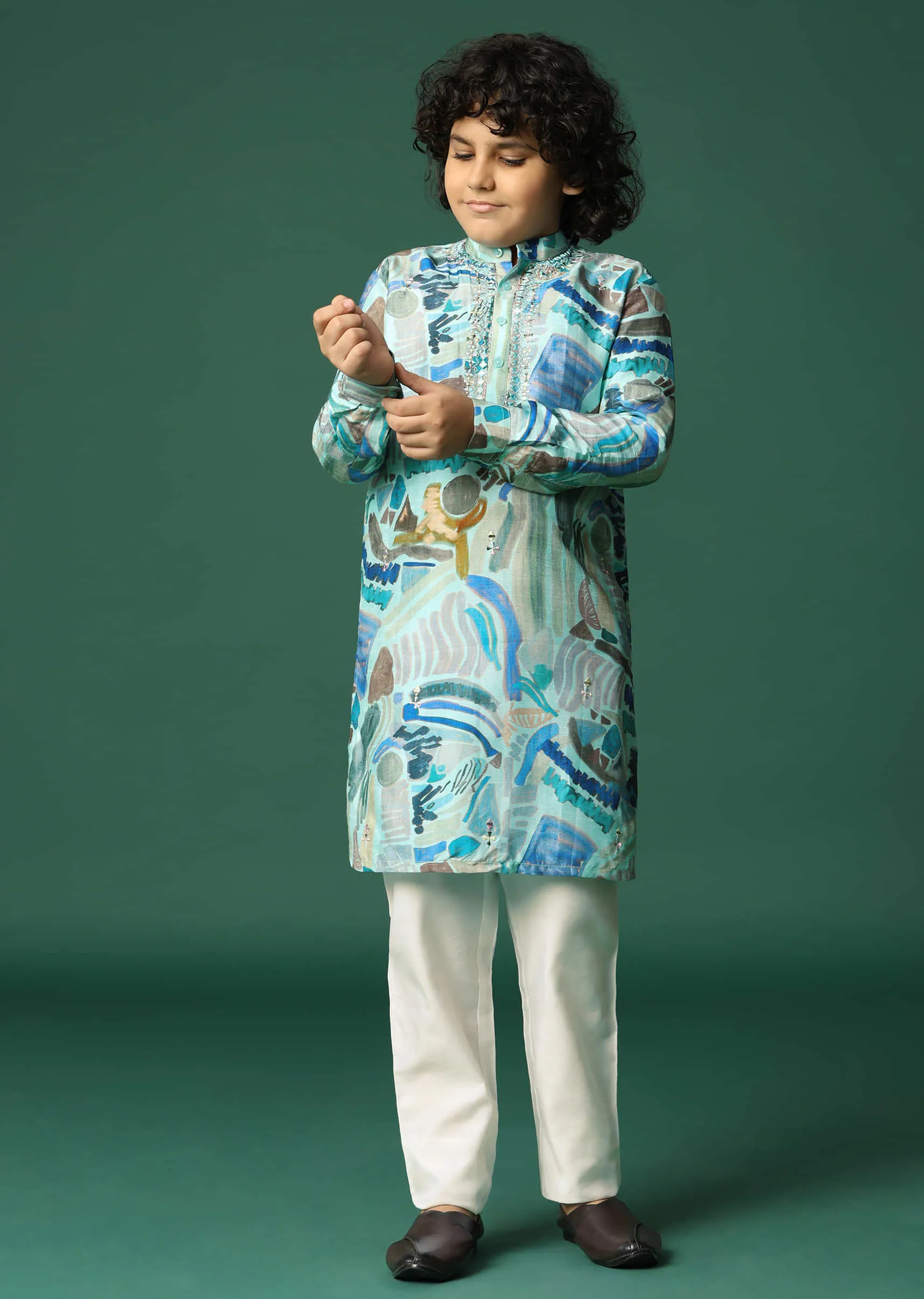 Blue Printed Silk Kurta Pant For Boys