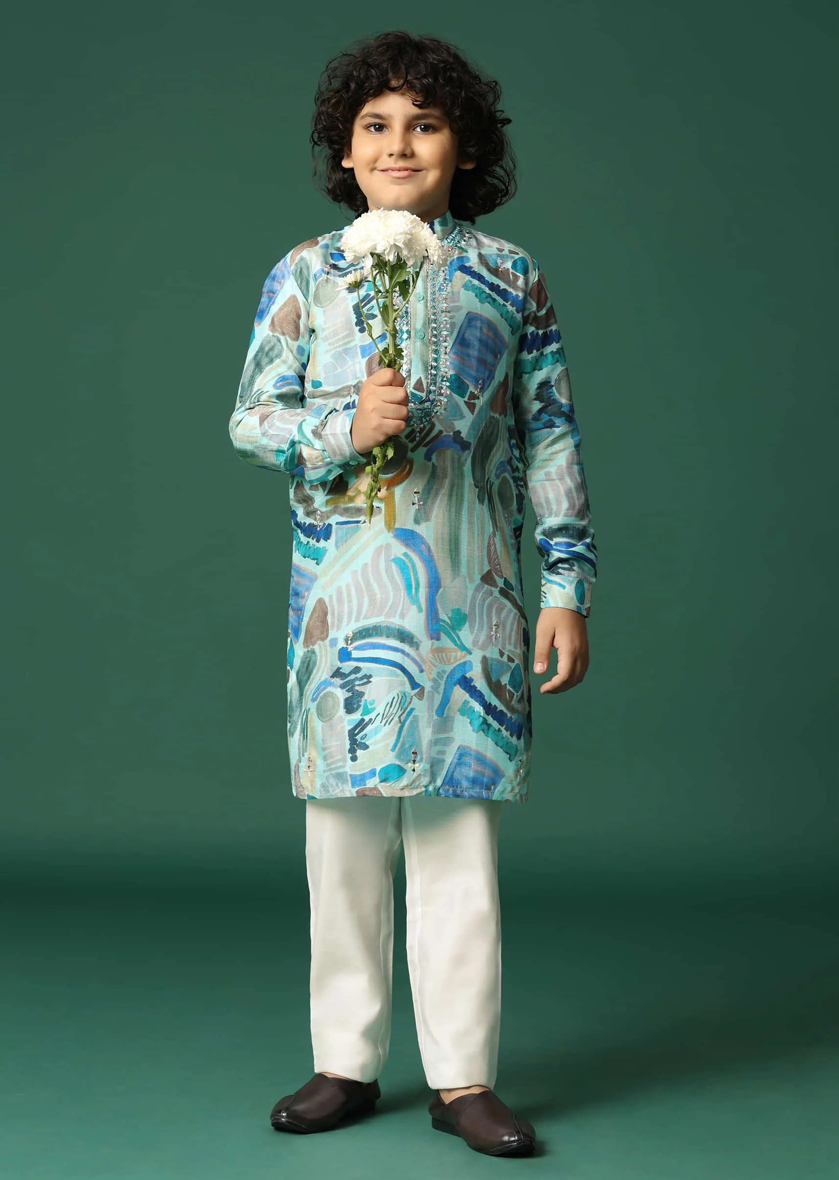 Blue Printed Silk Kurta Pant For Boys