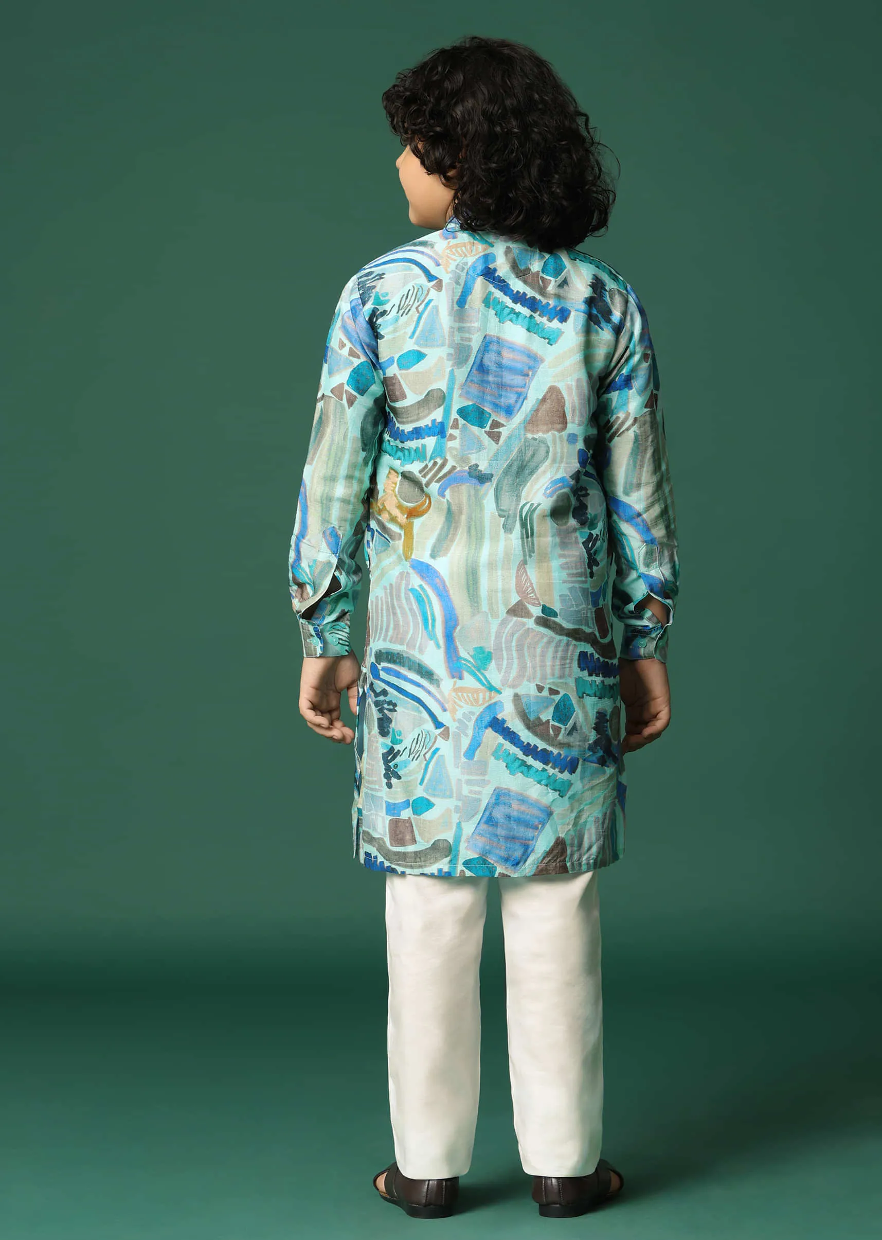 Blue Printed Silk Kurta Pant For Boys