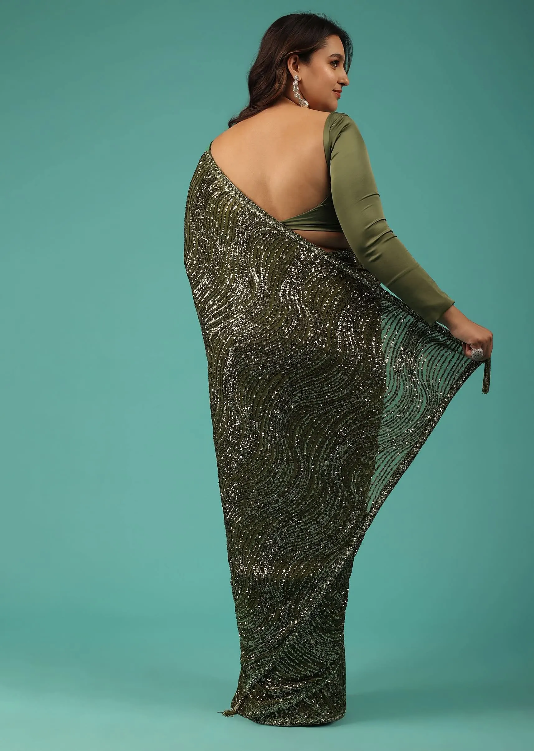 Capulet Olive Green Saree In Sequins With Embroidery