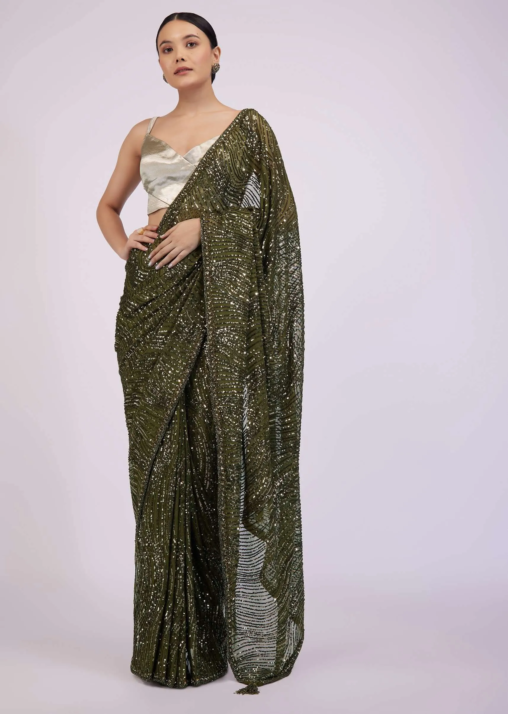 Capulet Olive Green Saree In Sequins With Embroidery
