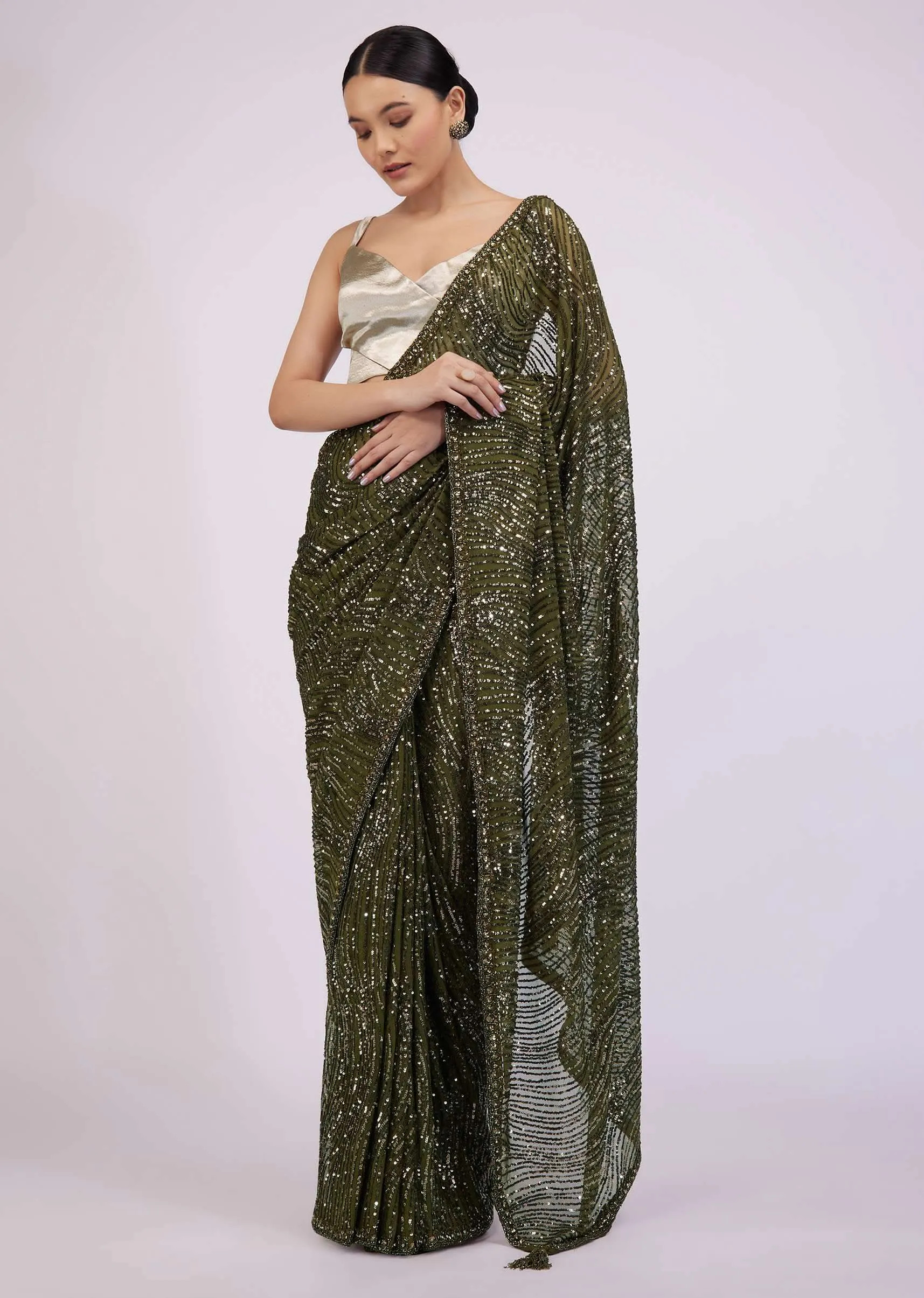 Capulet Olive Green Saree In Sequins With Embroidery