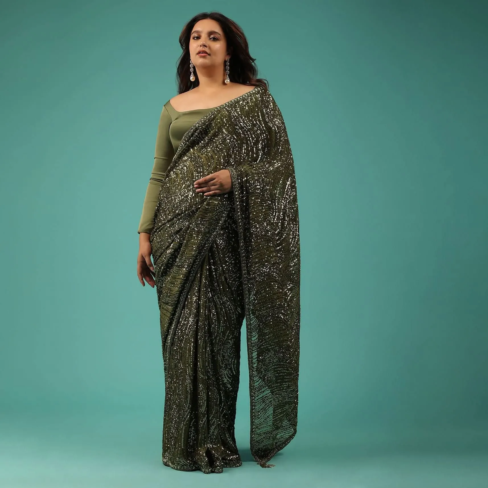Capulet Olive Green Saree In Sequins With Embroidery