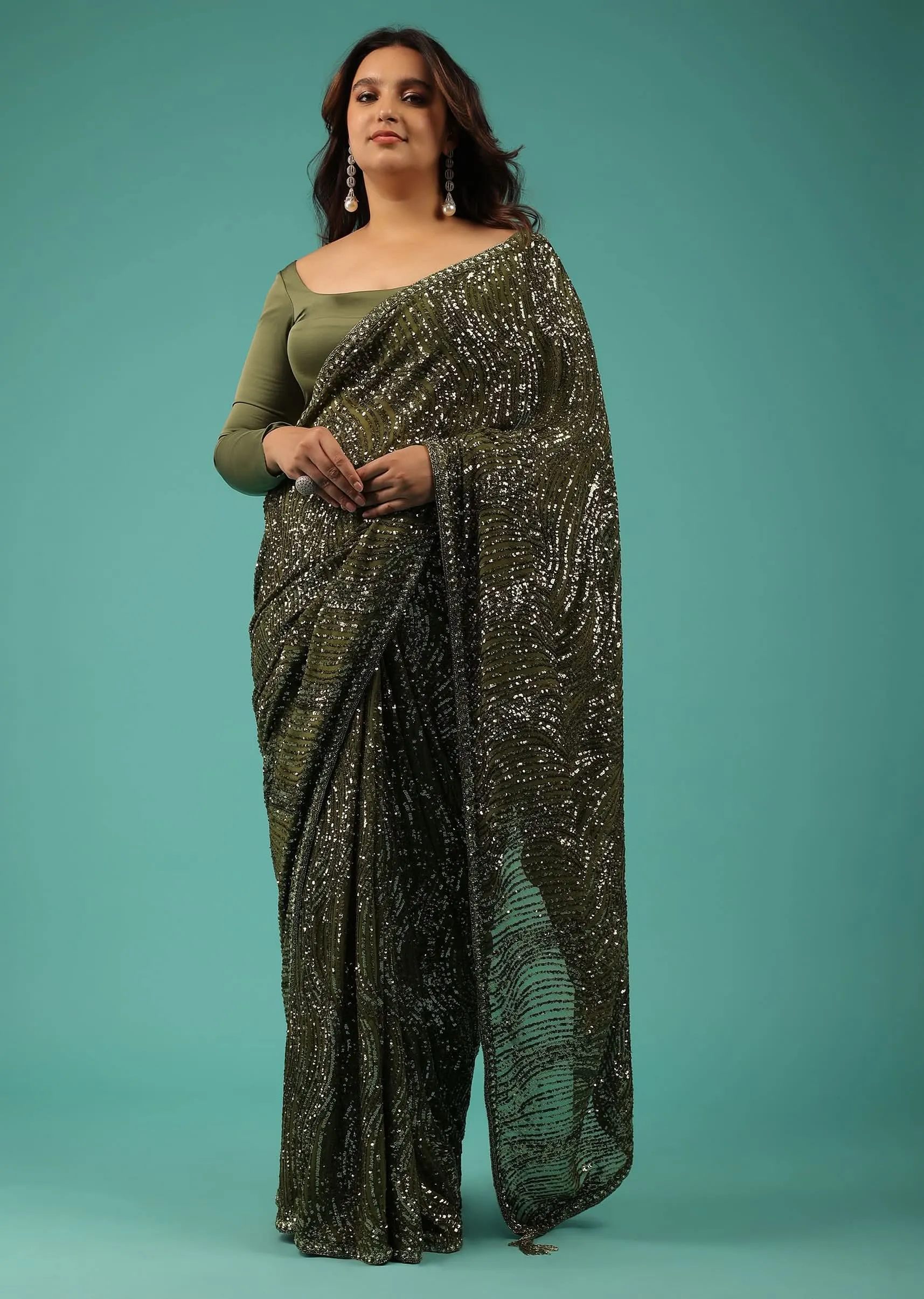 Capulet Olive Green Saree In Sequins With Embroidery
