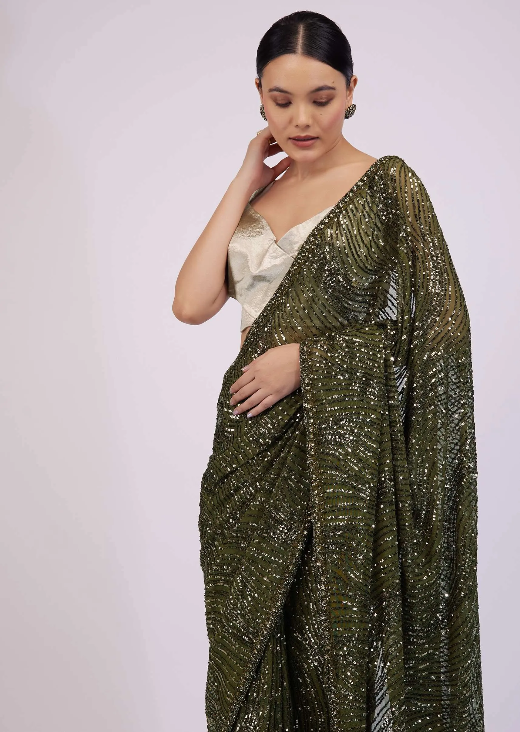 Capulet Olive Green Saree In Sequins With Embroidery