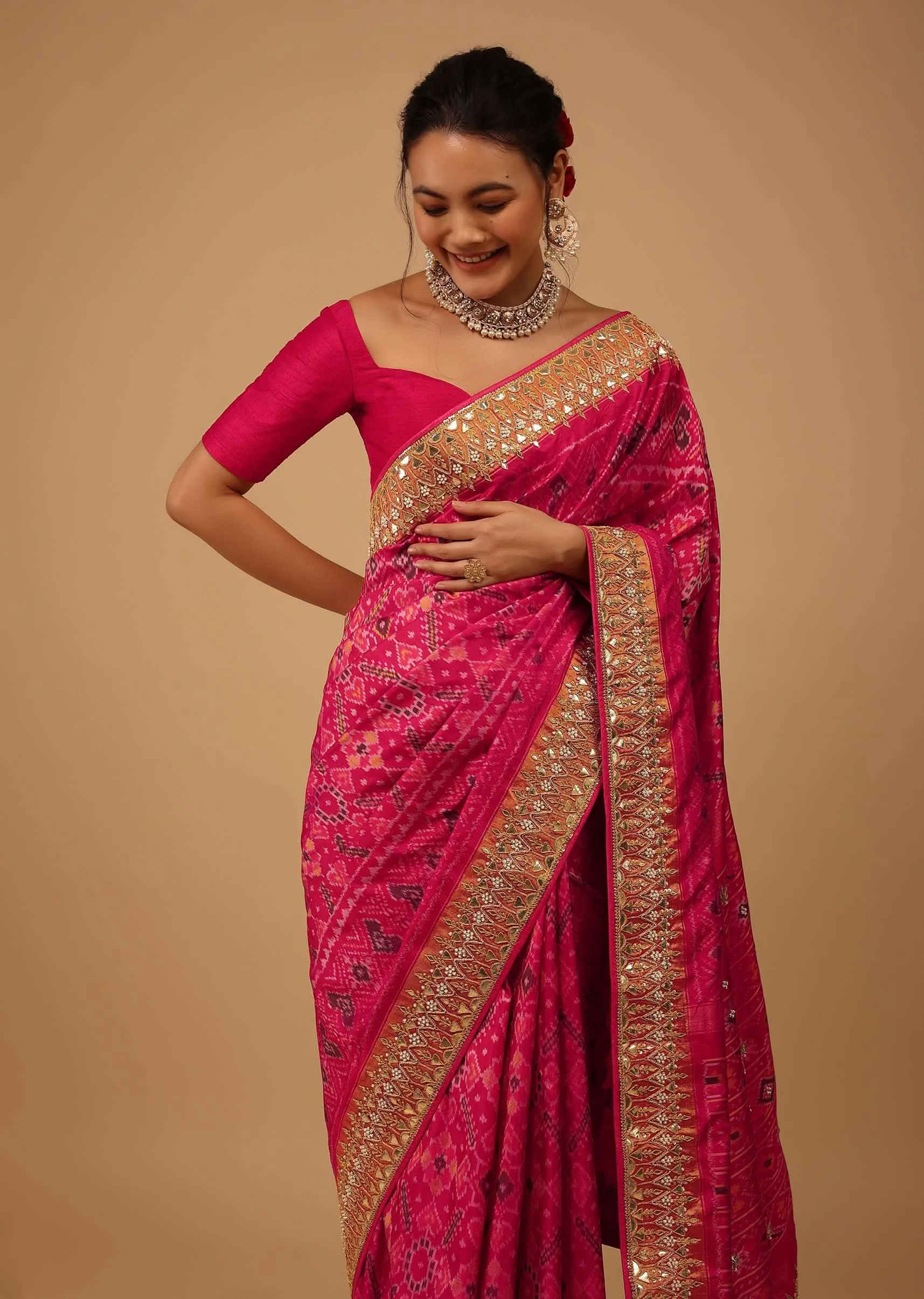Cherry Pink Saree In Pure Silk With Handloom Patola Ikat Weave