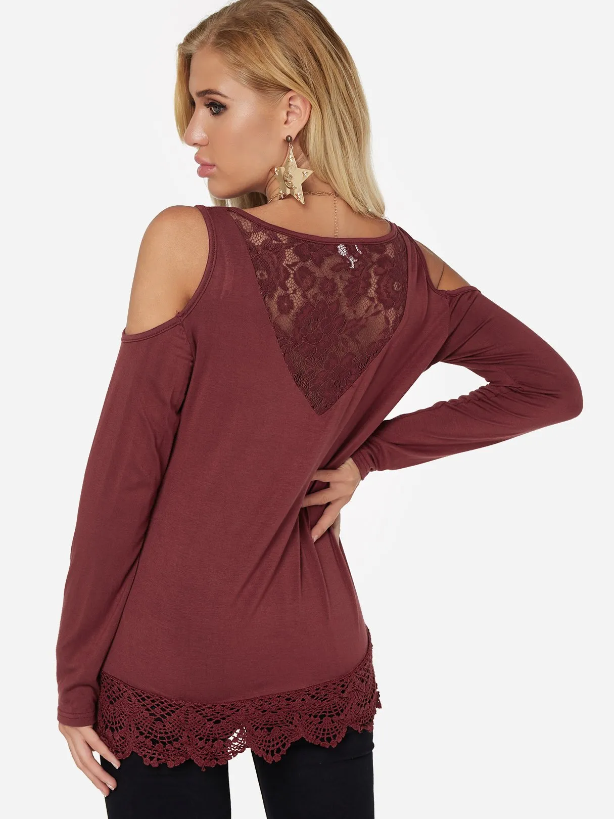 Custom Cold Shoulder Plain Lace Long Sleeve Burgundy T-Shirts