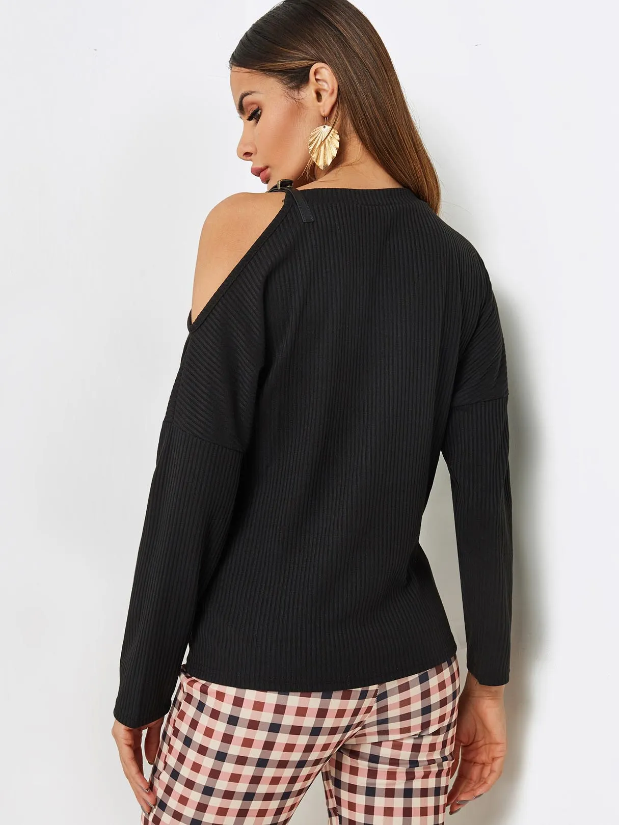 Custom Cold Shoulder Plain Long Sleeve Black T-Shirt