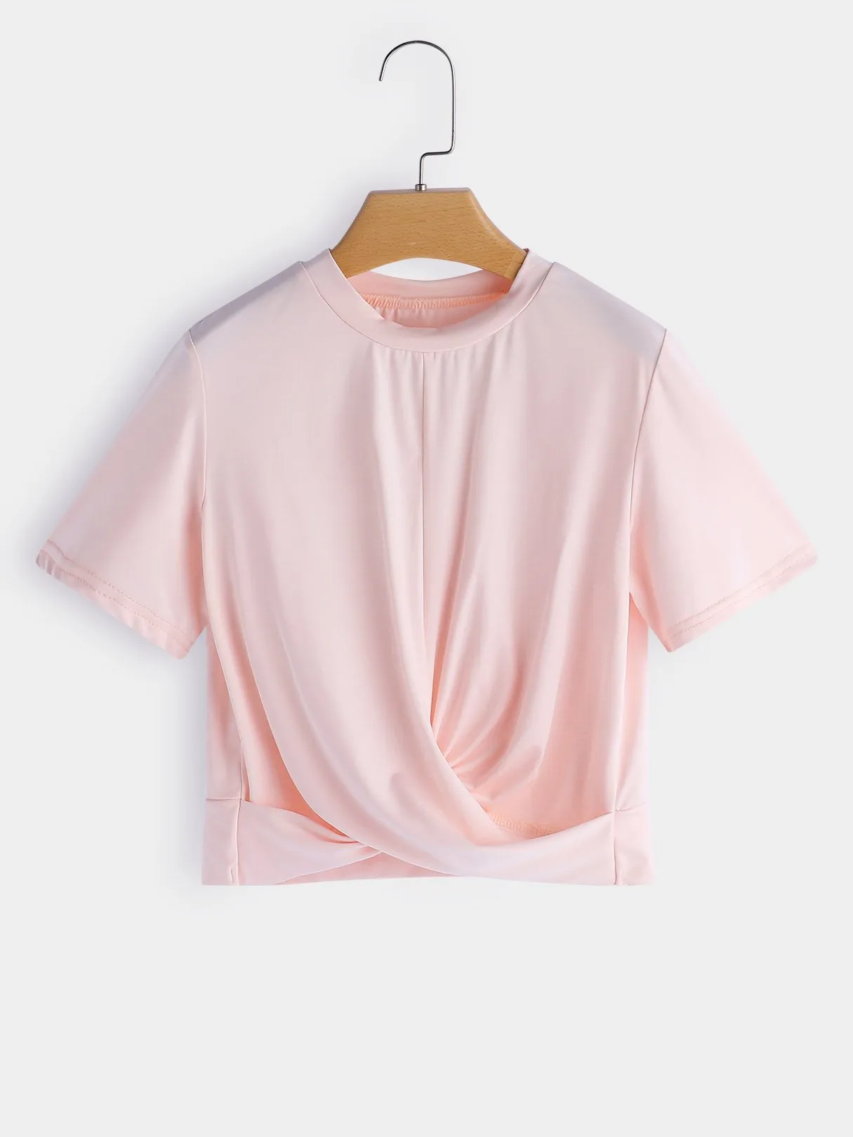 Custom Crew Neck Plain Crossed Front Short Sleeve Pink T-Shirts