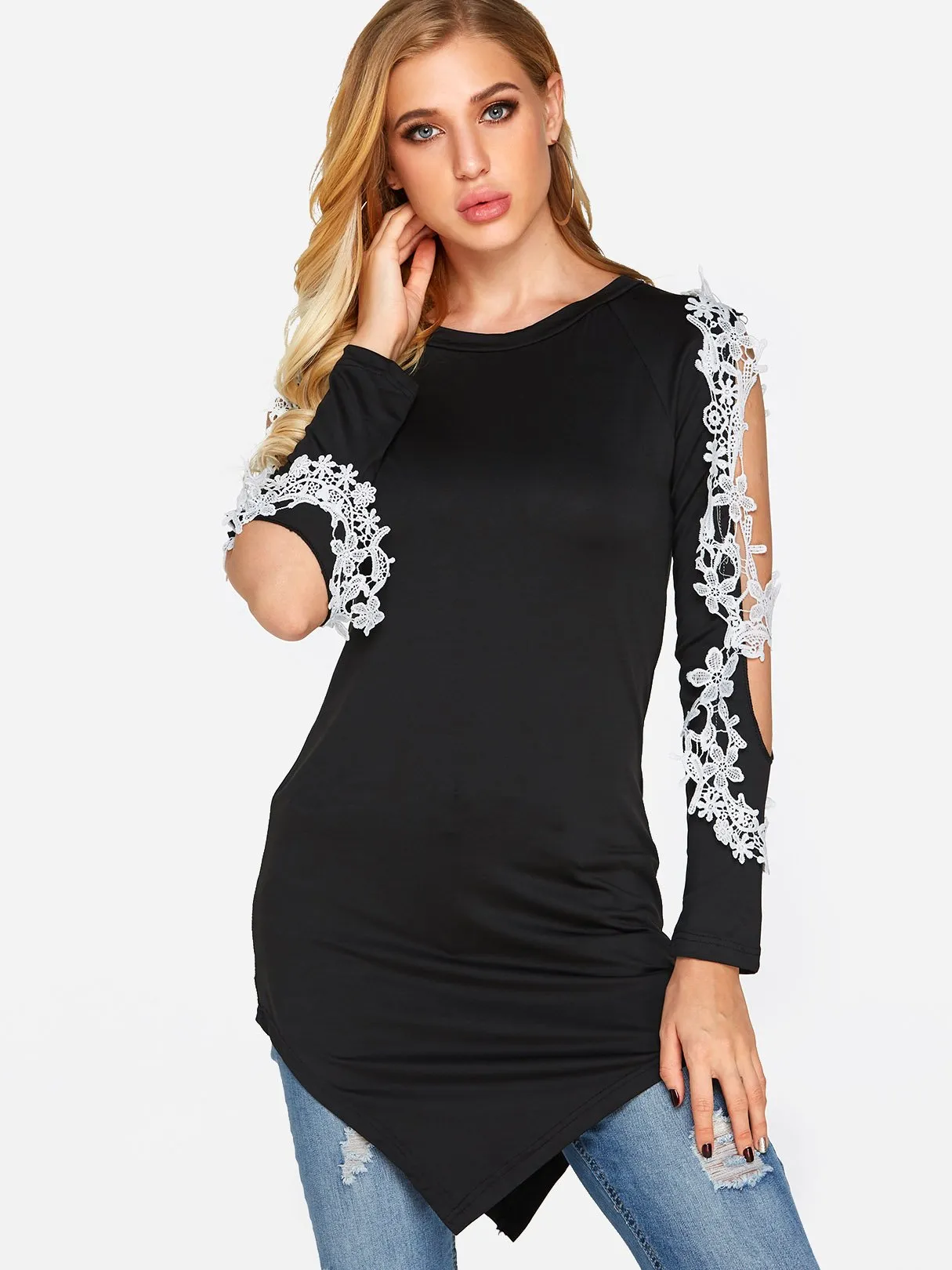 Custom Round Neck Cold Shoulder Plain Lace Long Sleeve Irregular Hem Black T-Shirts