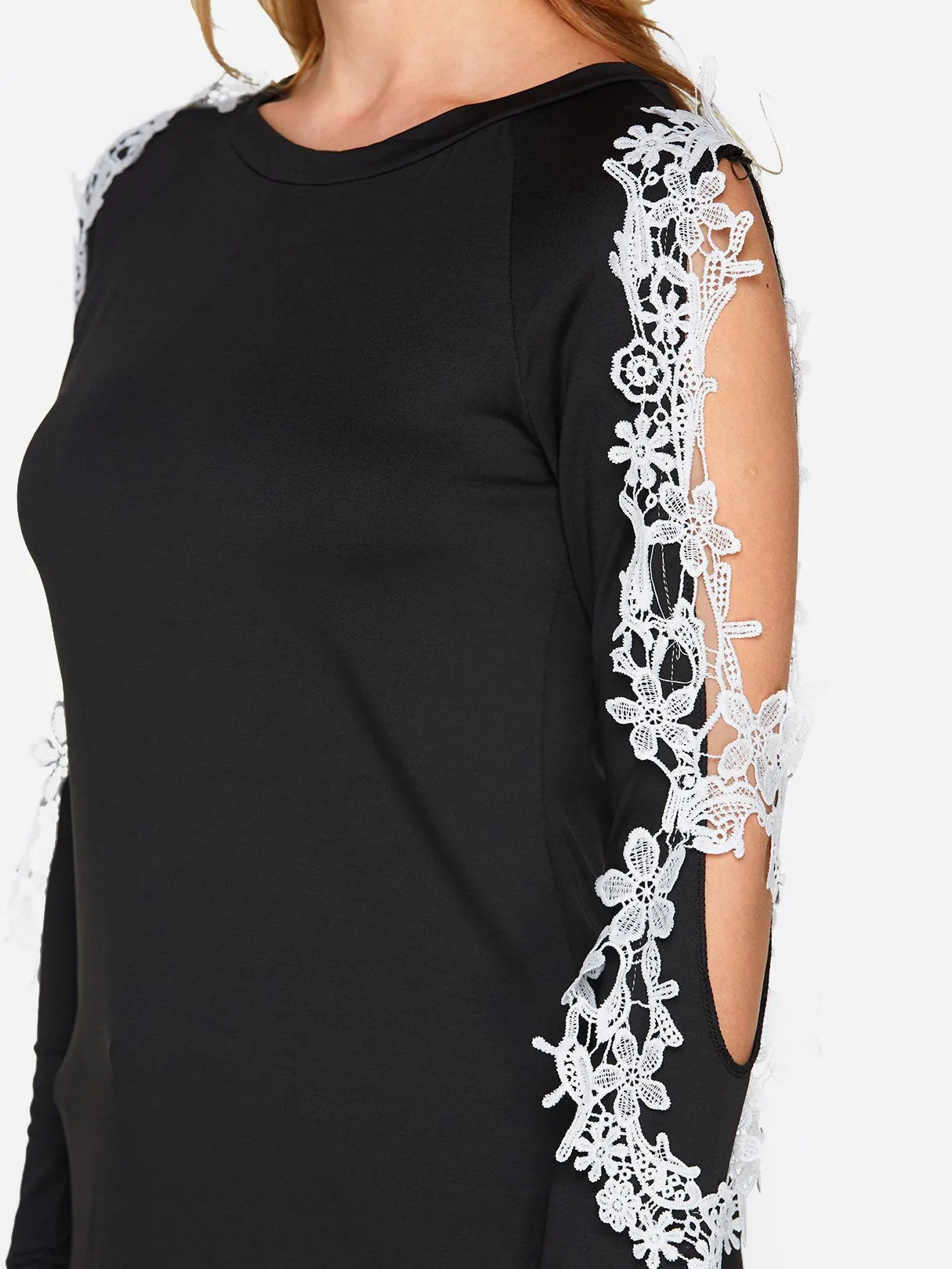Custom Round Neck Cold Shoulder Plain Lace Long Sleeve Irregular Hem Black T-Shirts