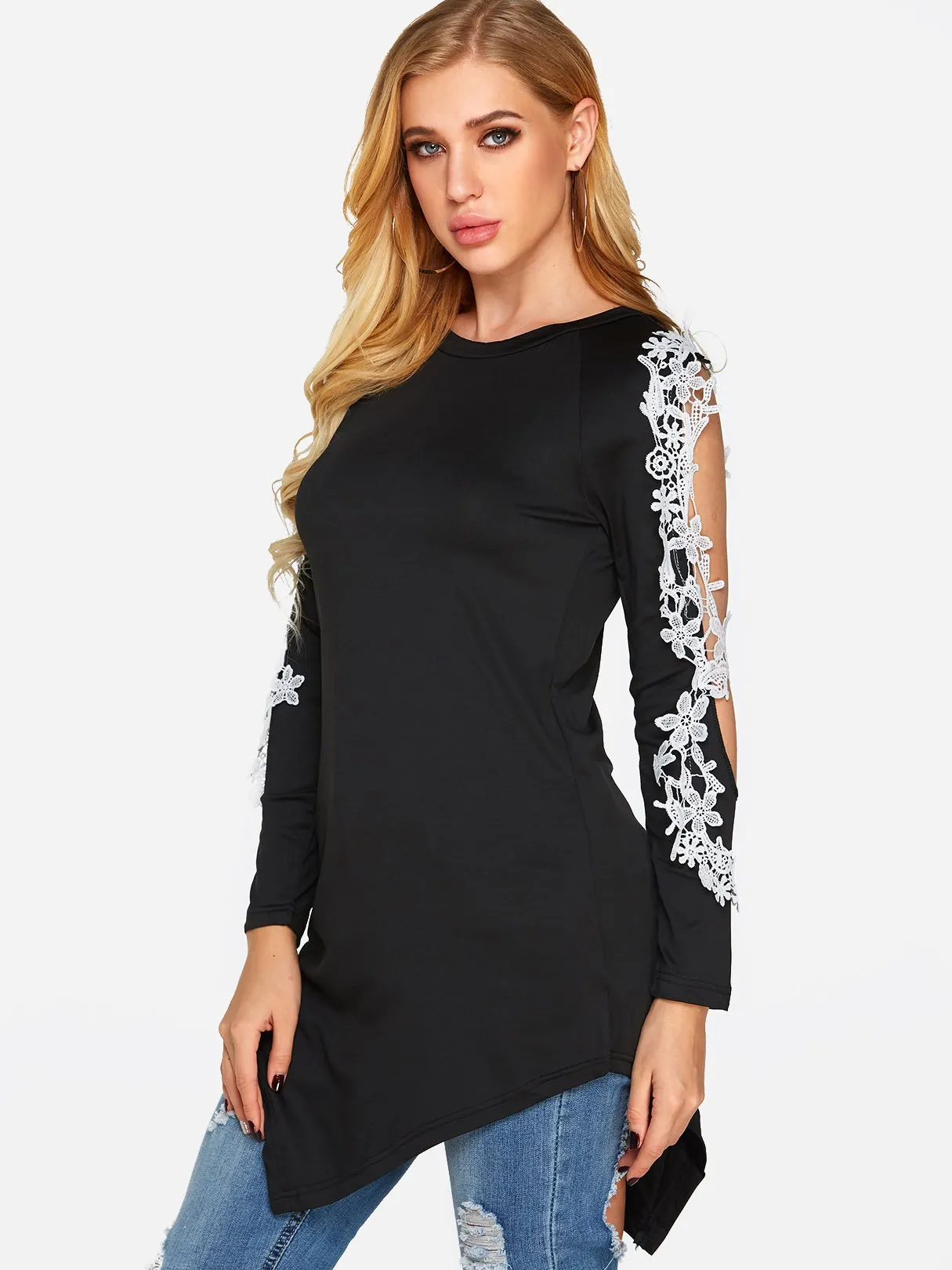 Custom Round Neck Cold Shoulder Plain Lace Long Sleeve Irregular Hem Black T-Shirts