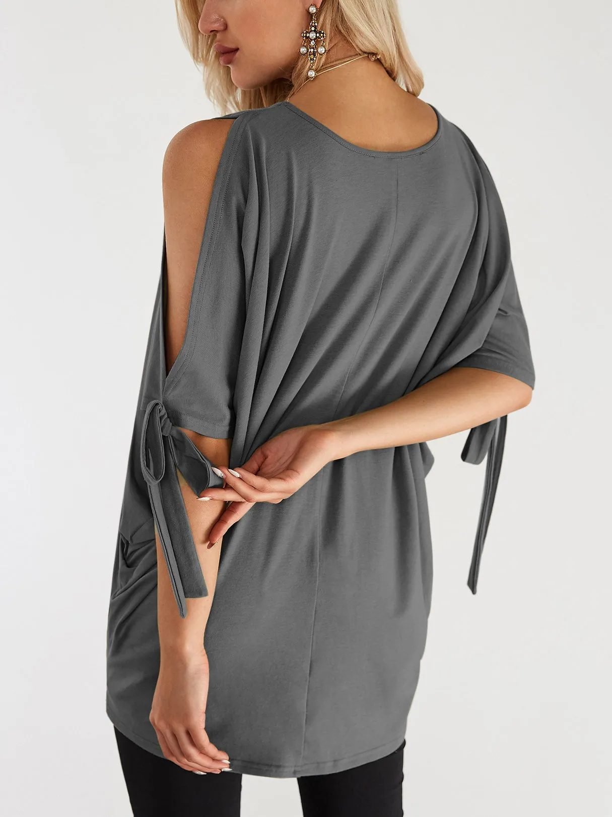 Custom Round Neck Cold Shoulder Plain Lace-Up Cut Out Half Sleeve Curved Hem Grey T-Shirts