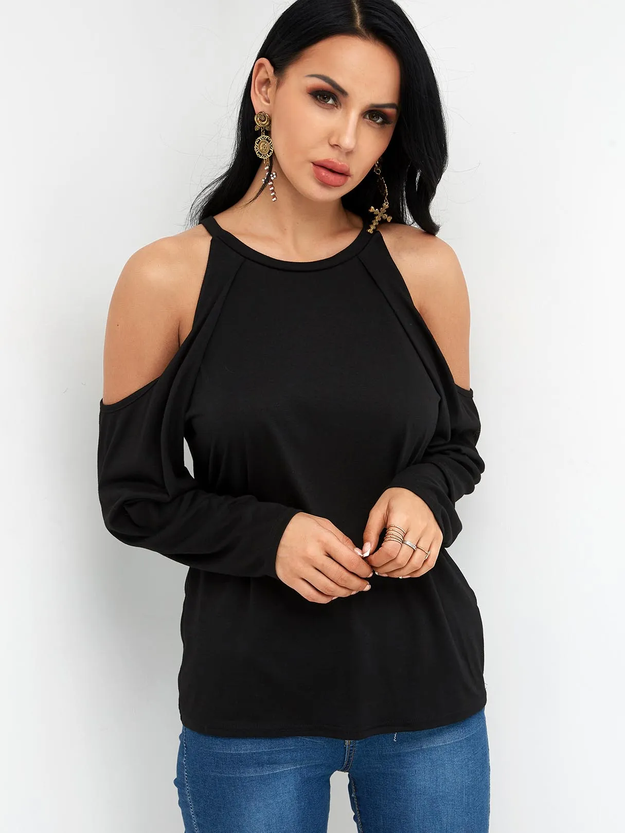 Custom Round Neck Cold Shoulder Plain Long Sleeve Black T-Shirt