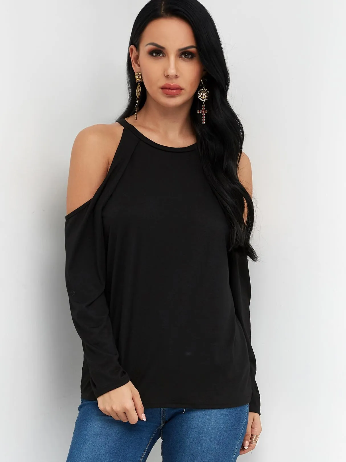 Custom Round Neck Cold Shoulder Plain Long Sleeve Black T-Shirt