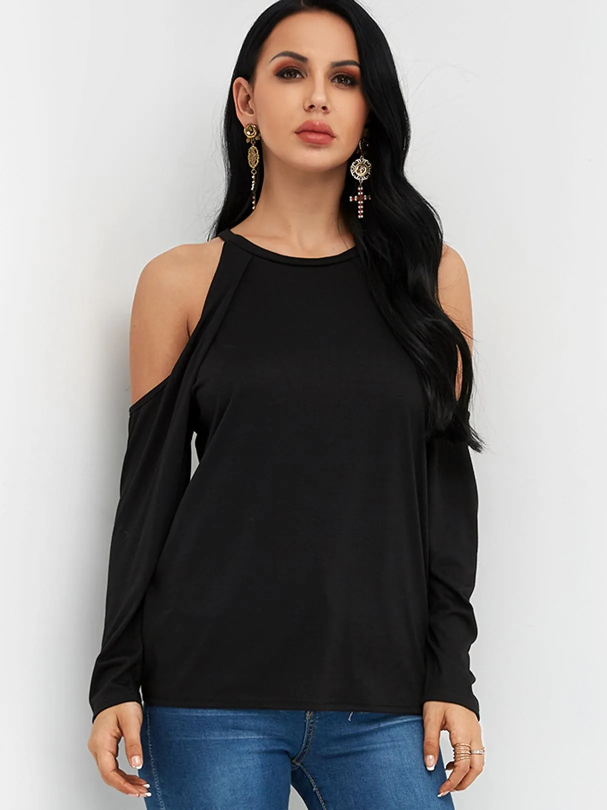 Custom Round Neck Cold Shoulder Plain Long Sleeve Black T-Shirt