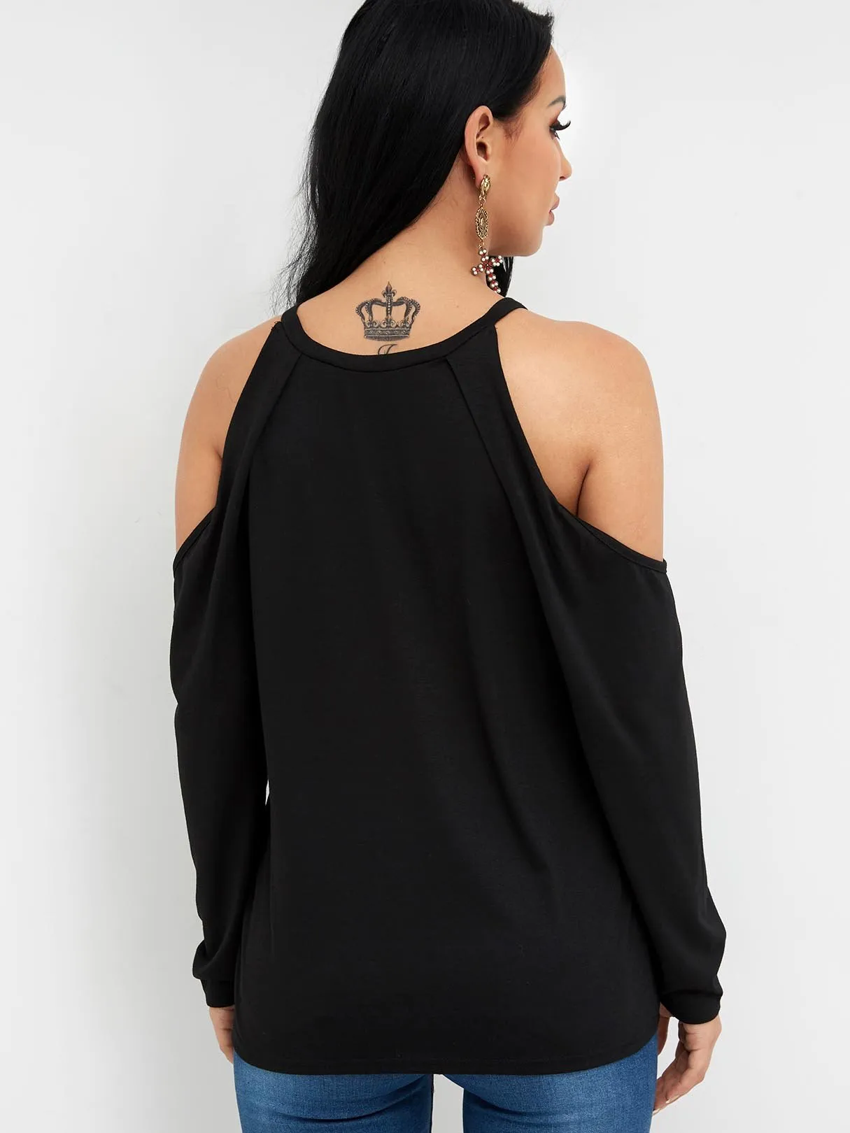 Custom Round Neck Cold Shoulder Plain Long Sleeve Black T-Shirt