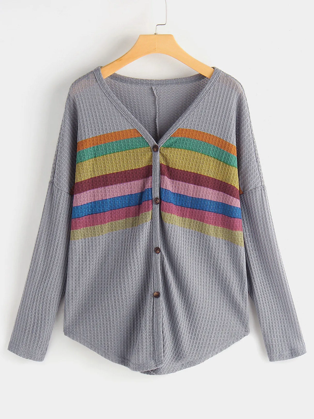 Custom Stripe V-Neck Long Sleeves Button Design T-shirt