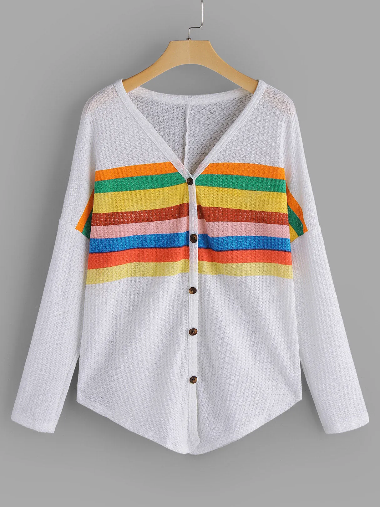 Custom Stripe V-Neck Long Sleeves Button Design T-shirt