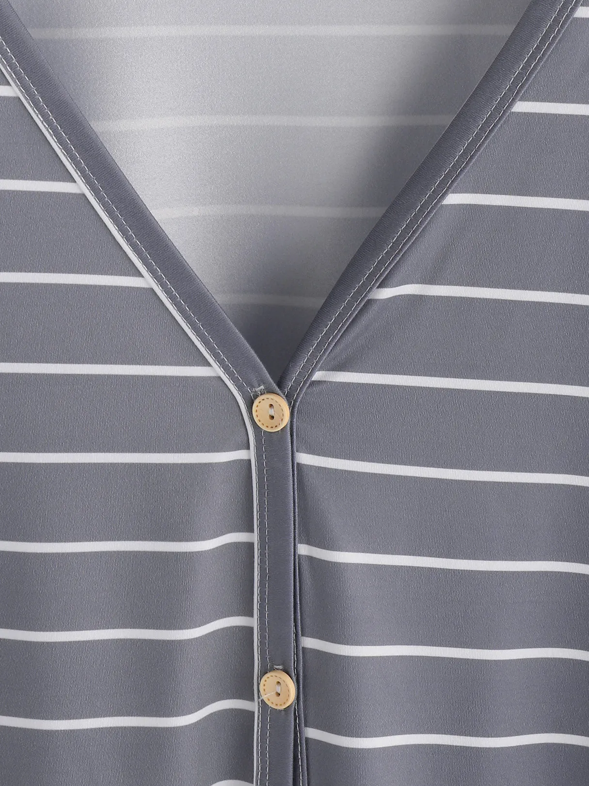 Custom Stripe V-Neck Long Sleeves Button Design T-shirt