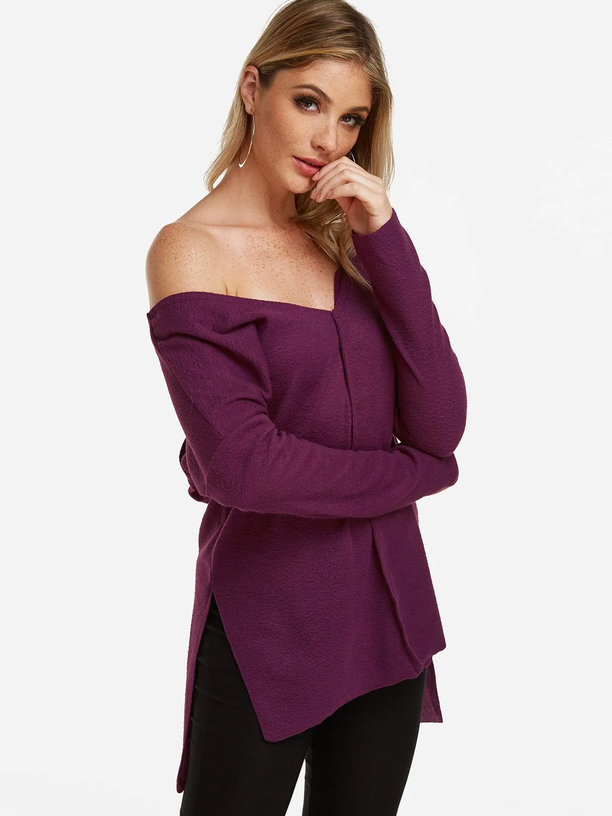 Custom V-Neck One Shoulder Plain Slit Long Sleeve High-Low Hem Purple T-Shirts