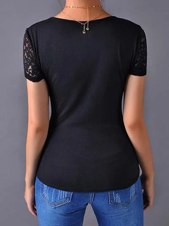 Custom V-Neck Plain Lace Short Sleeve Black T-Shirts