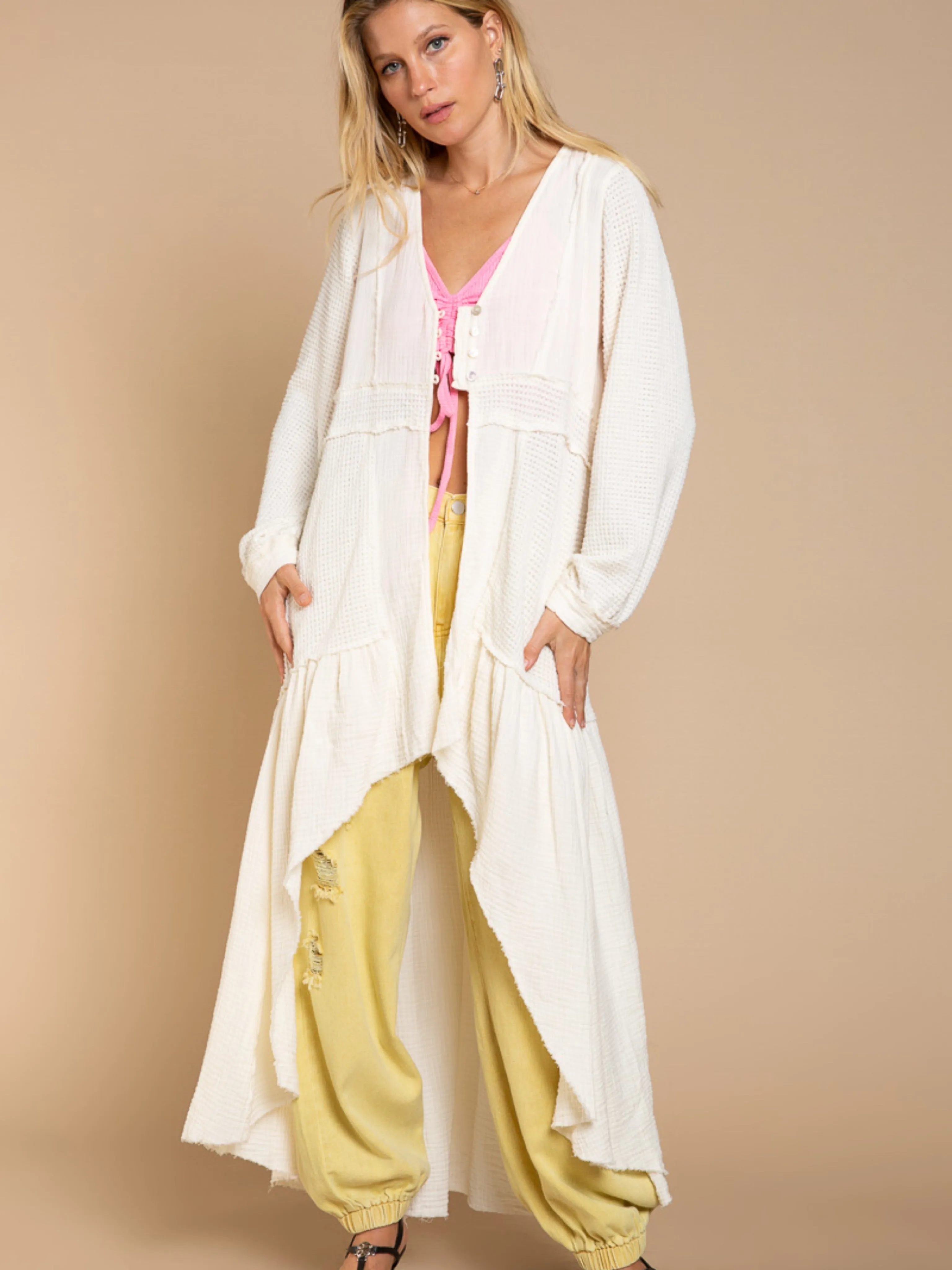 Gauze And Thermal Open Knit Cardigan