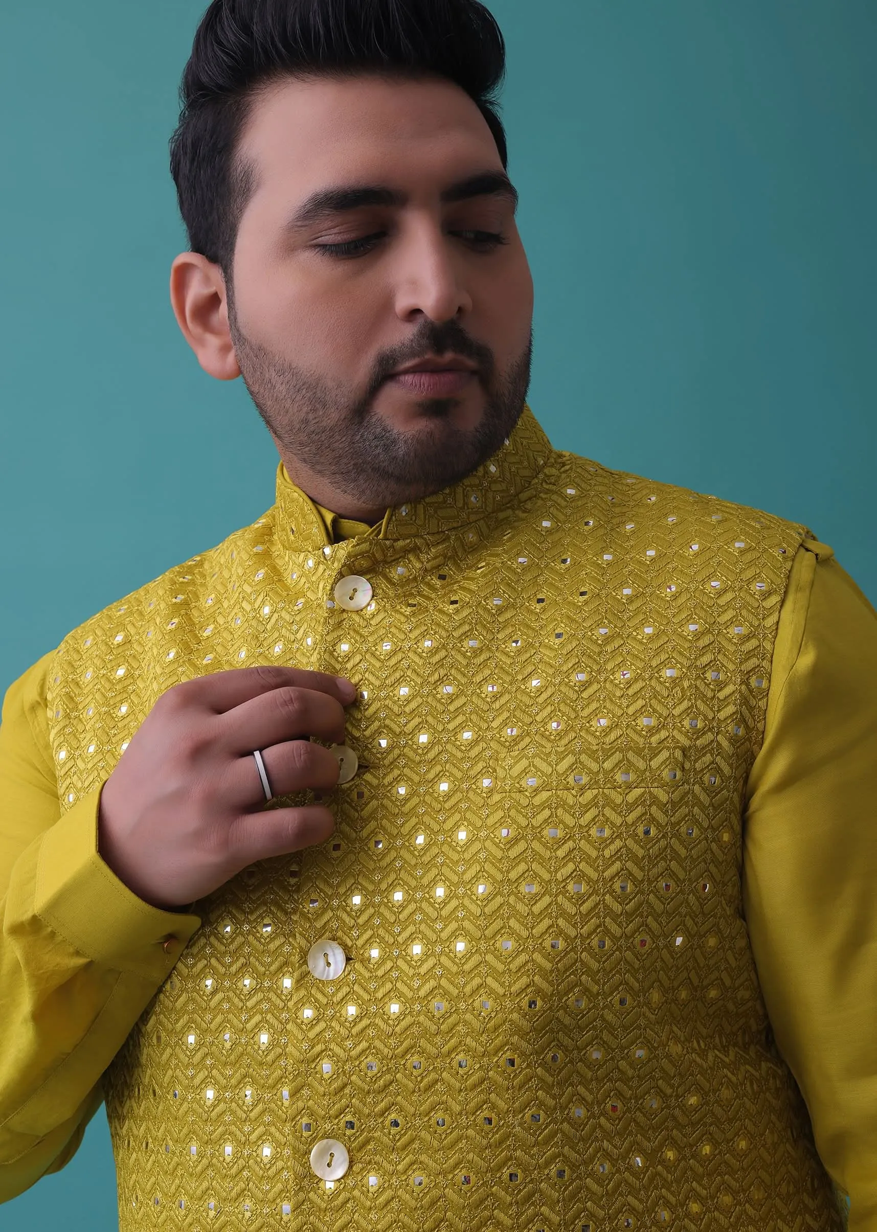 Lime Yellow Embroidered Bandi Jacket Set In Cotton Silk