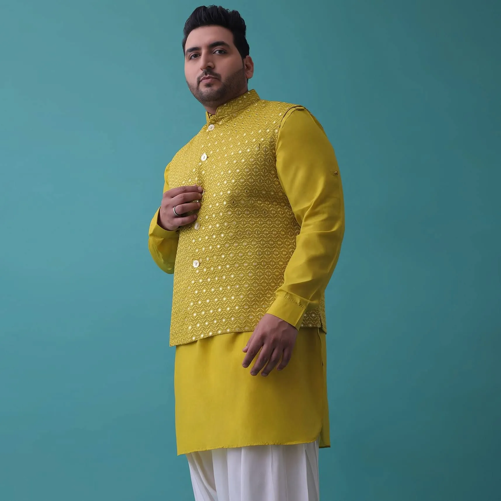 Lime Yellow Embroidered Bandi Jacket Set In Cotton Silk