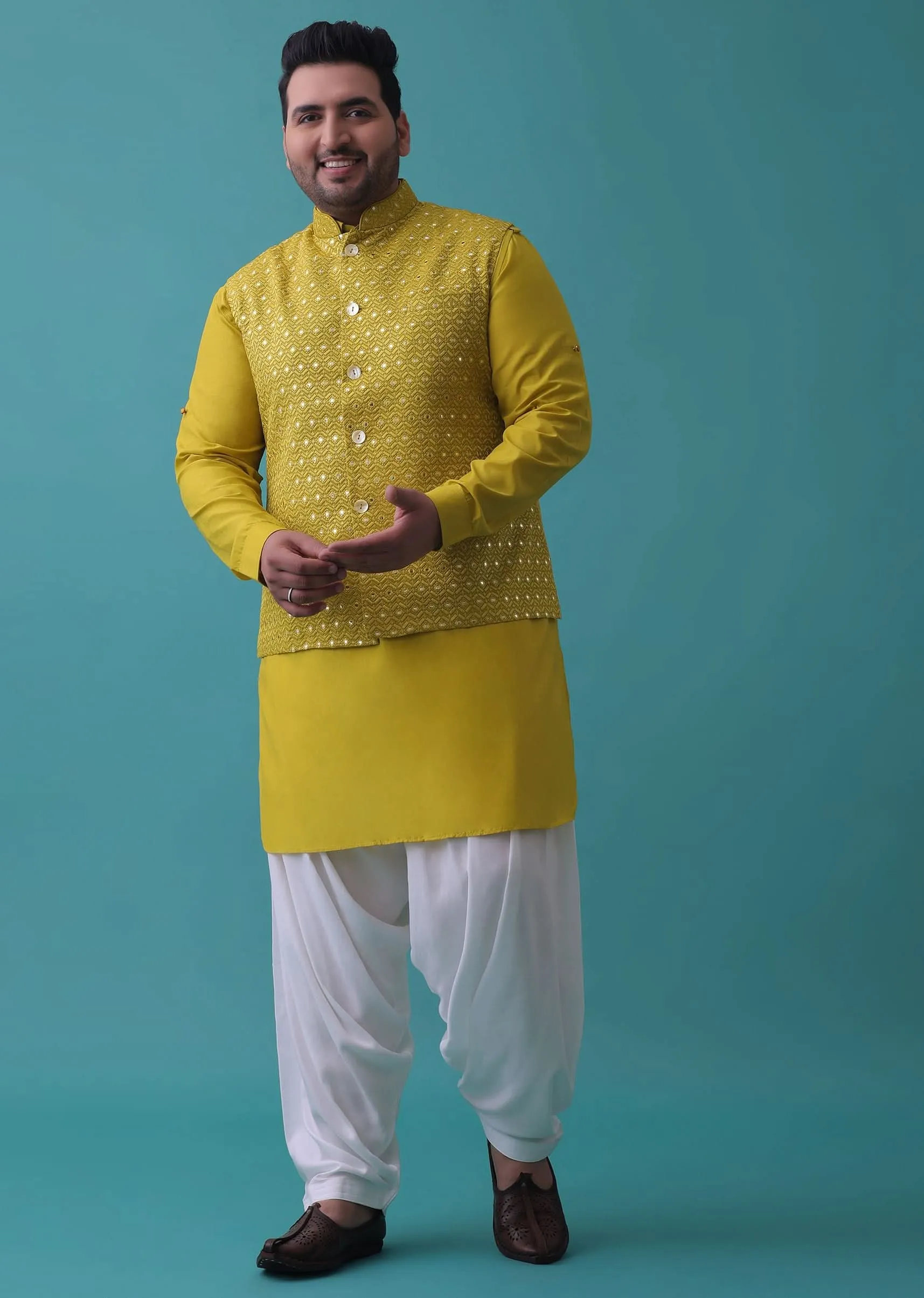 Lime Yellow Embroidered Bandi Jacket Set In Cotton Silk