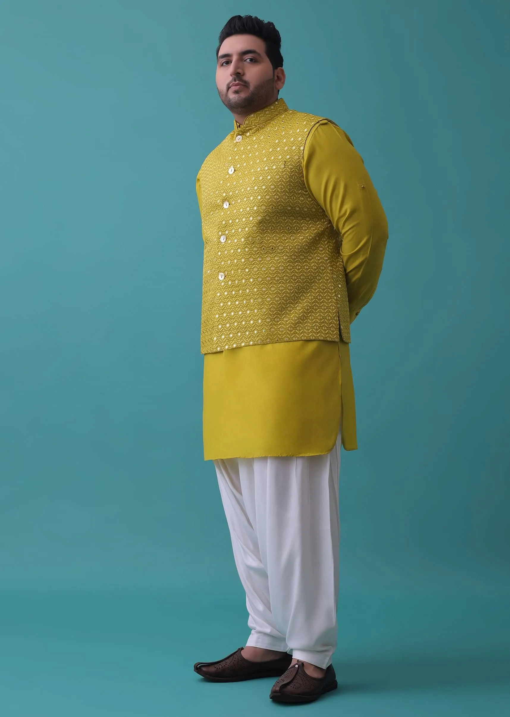Lime Yellow Embroidered Bandi Jacket Set In Cotton Silk