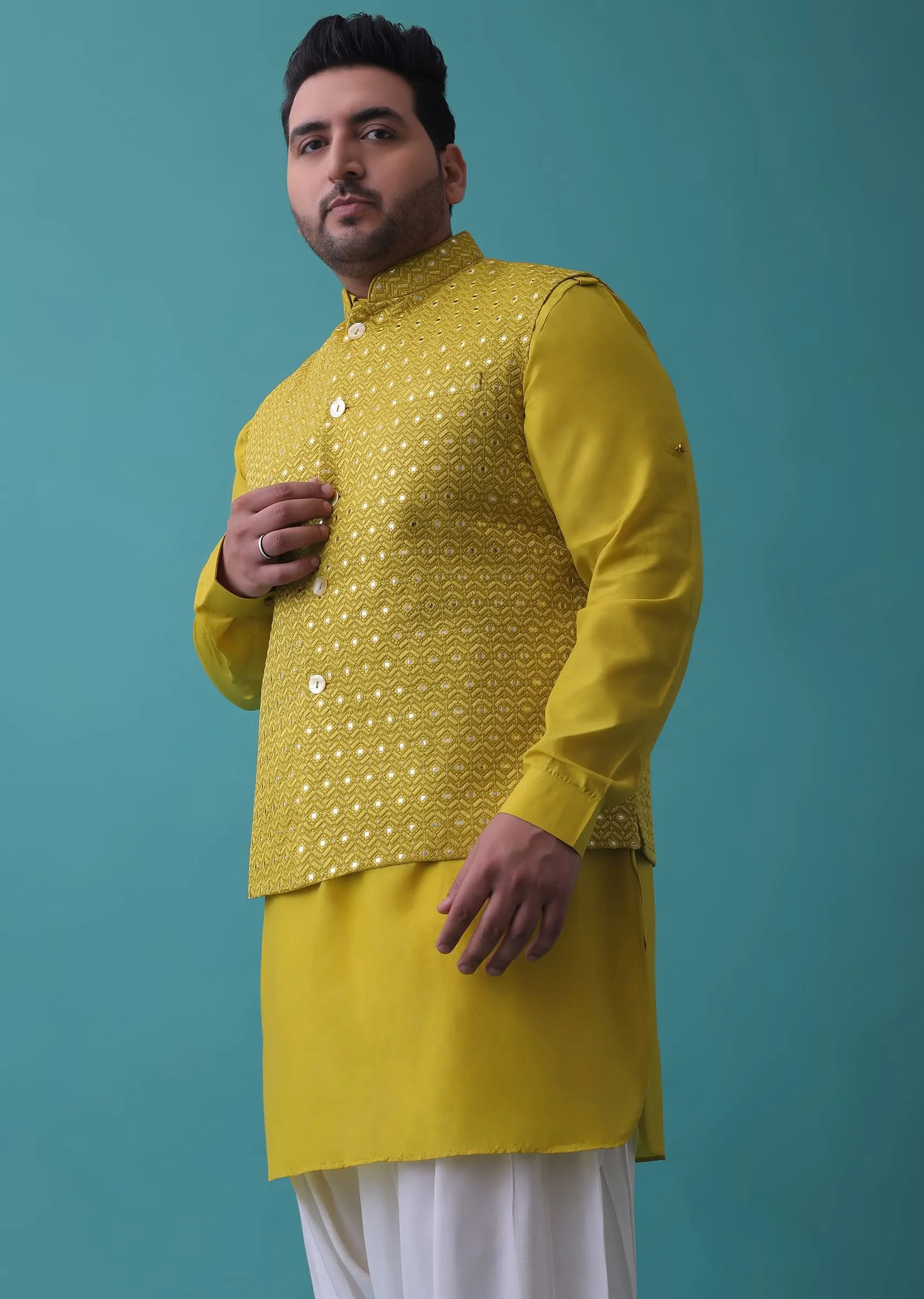 Lime Yellow Embroidered Bandi Jacket Set In Cotton Silk