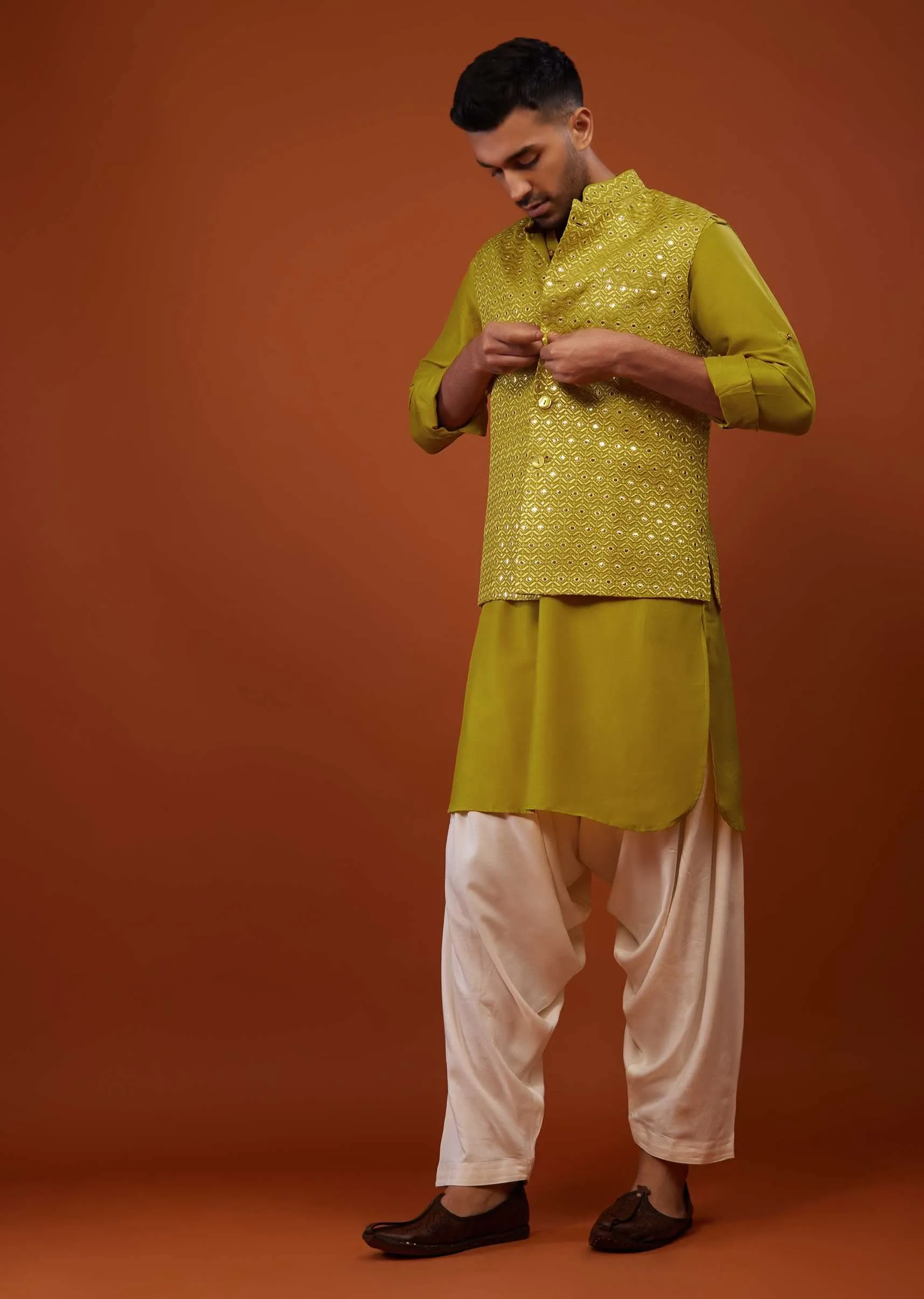 Lime Yellow Embroidered Bandi Jacket Set In Cotton Silk