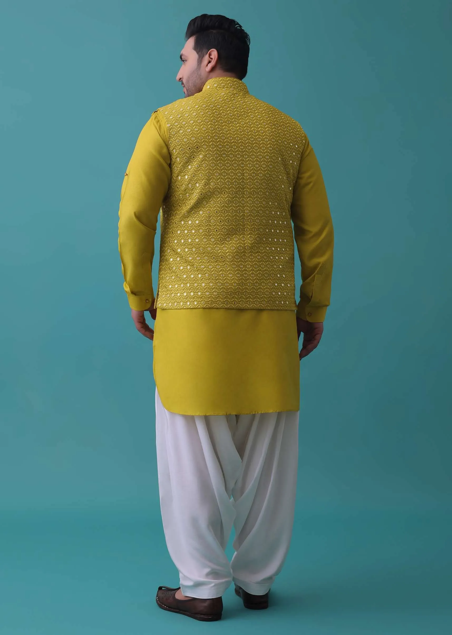 Lime Yellow Mirror Embroidered Bandi Jacket Set In Cotton Silk