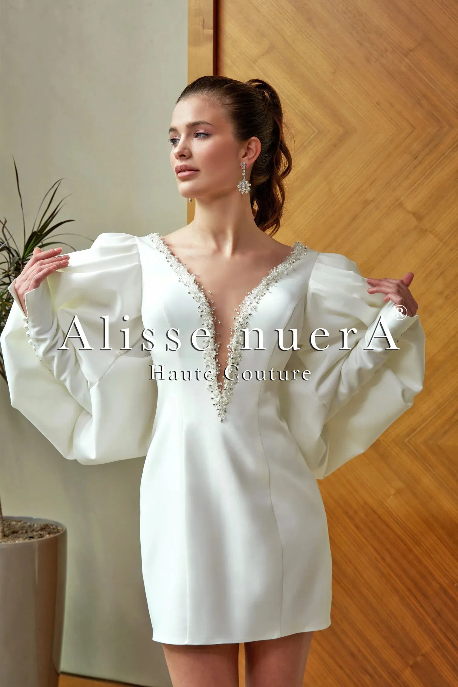 Long Balloon Sleeve Deep V Neck Satin Mini Wedding Dress Model