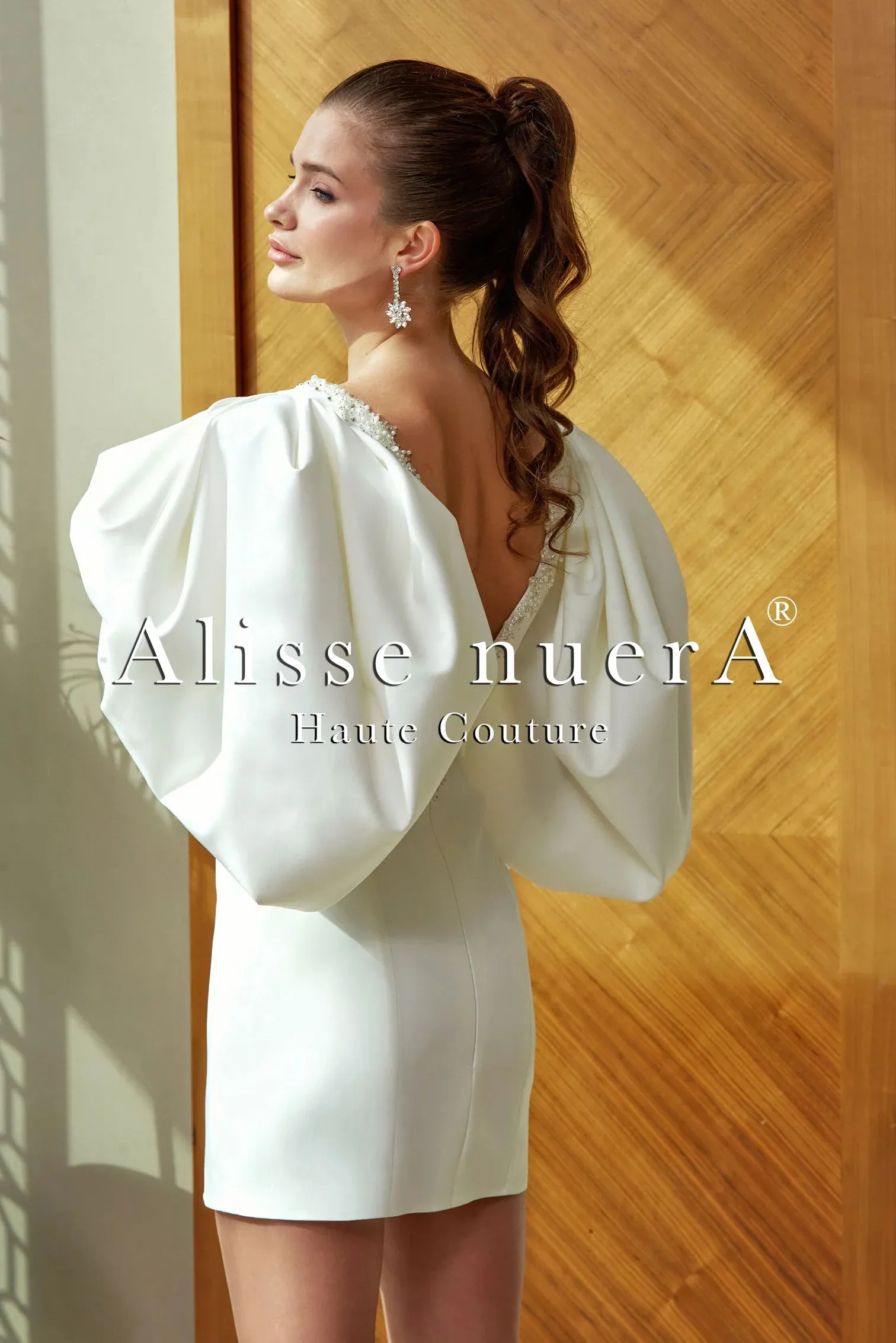 Long Balloon Sleeve Deep V Neck Satin Mini Wedding Dress Model