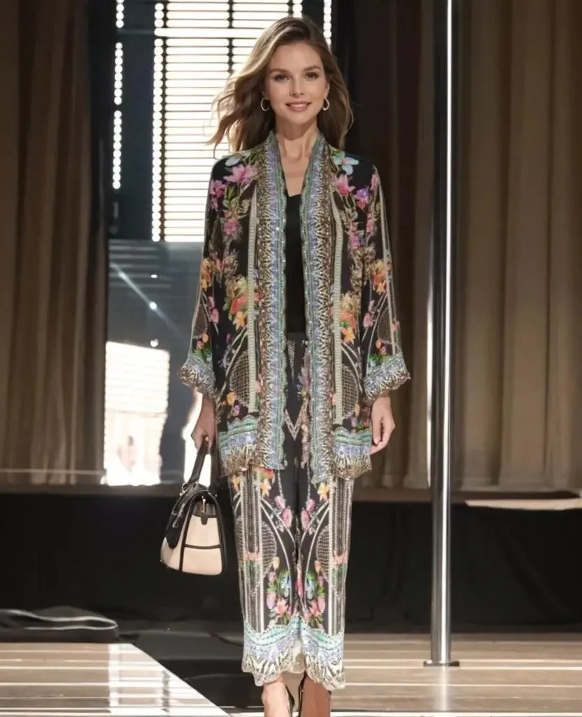 Long Silk Embellished Pants - Capri